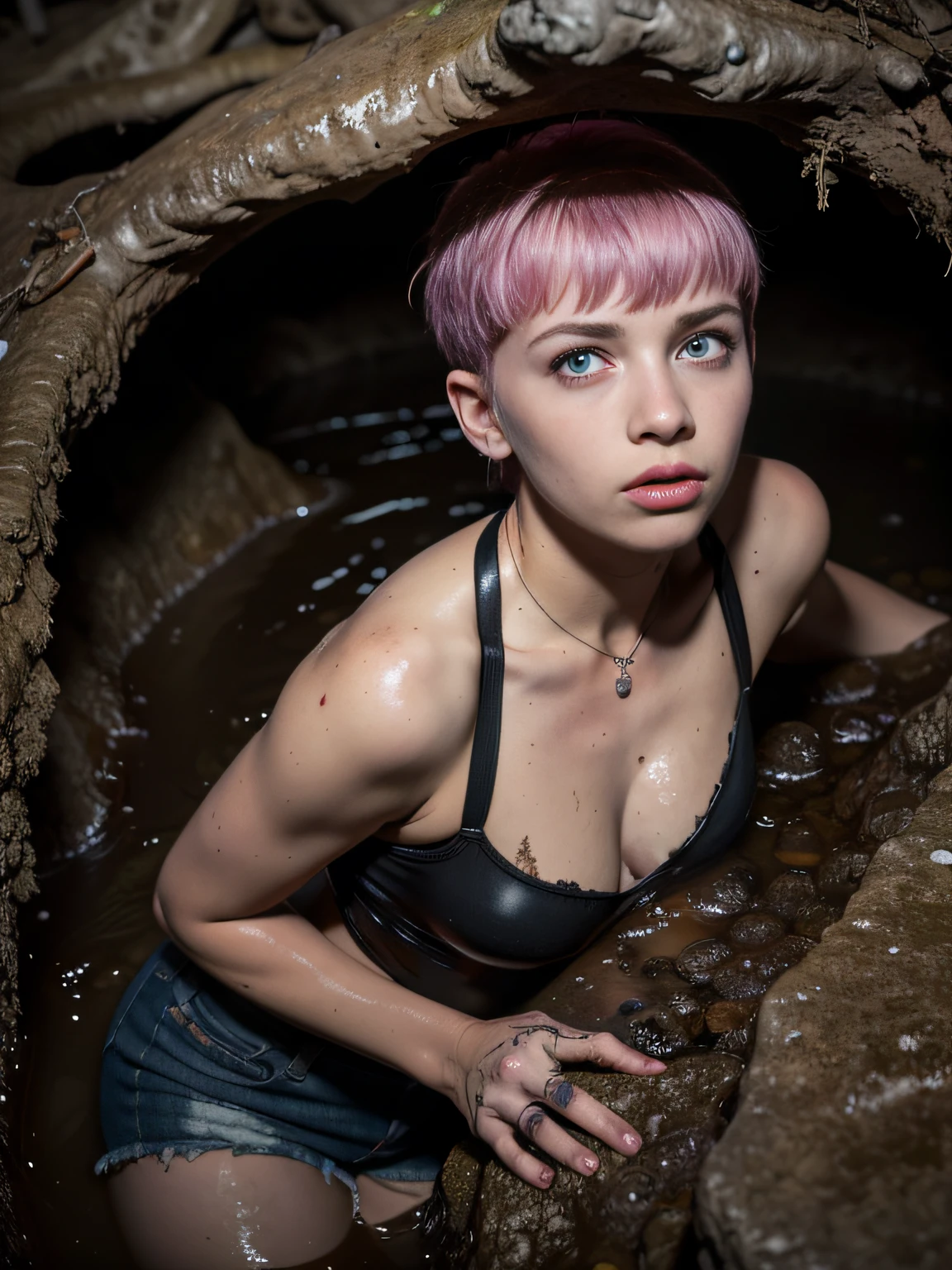 (Best Quality,hight resolution,Masterpiece, Overhead view:1.20),Ultra-detailed,The woman,Wide flares on jeans,sickly,drowning in a swamp, (walled up at the bottom of a disastrous mud pit, doomed to death:1.3),gloomy ecstasy,fetish,dark gloomy atmosphere,gritty texture,Retro-atmosphere,warped reality,melancholic expression on his face,mysterious aura,foggy atmosphere,foggy background,Subtle color palette,provocative pose,Strong emotions,Coming Out of the Depths of Despair,Piercing gaze,intense shadows,Plunged in Darkness,Rugged terrain,ominous vibe,A supernatural sensation,Loss of Place in Time and Space,Eerie silence.asymmetrical bangs, freckles, pink short hair, Bangs, freckles, gray eyes,