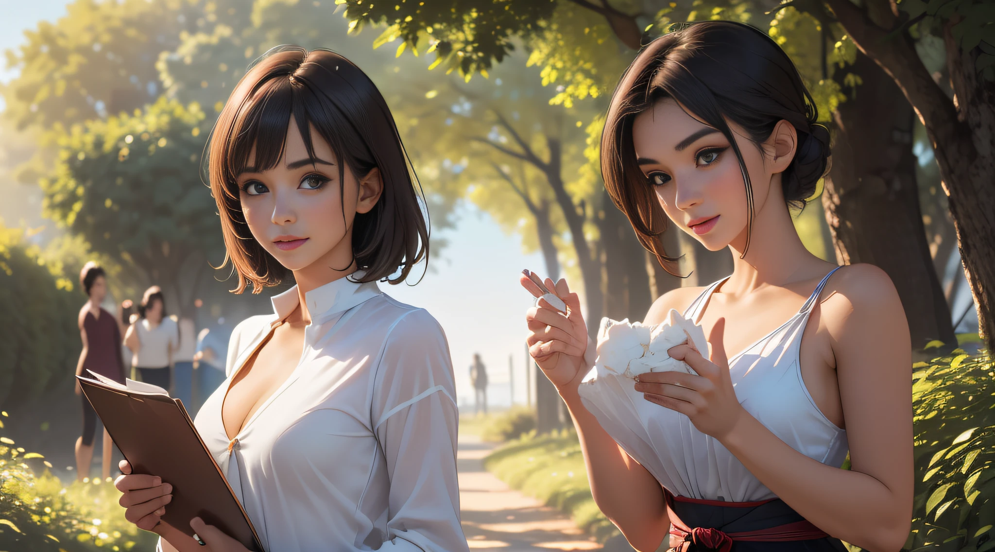 sfw, (Extremely detailed 8k wallpaper:2), (photo:2), (soigne Beautiful girl:2), (gives a lecture to friends:2), detailed (Face and eyes), (hyper realistic:1), (highly detailed:1), (epic realistic:1), rim light, (maximum details:1), cozy, (fullbody:1.3), (looking at viewer:2), (Woman's Attractive Qualities:2), (Attractive Woman:2), (Attractive:2), Smile, Intelligence, Empathy, Gracefulness, Sense of Style, Fitness, Grooming, Optimism, (Sensitivity:2), Sincerity, Romantic Gestures, Playfulness, Fashion Sense, (Sensuality:2), Charm, Modesty, Thoughtfulness, (Femininity:1), Flirtatiousness, Warmth, (Physical attractiveness:2), A beautiful smile, A love of life, strength and power, vulnerability, curiosity, wonder, love, (nature background:2), kawaii, waifu, Beautiful breasts, (attractive body:2), (Beautiful body:2), Beautiful pose, attractive pose, (Beautiful legs:1.0), (spread legs:1.0), (Beautiful clothes:1), (classic clothes:2), (elegant clothes:2), (European clothes:2), detailed clothes, (skirt:1), (blouse:1), (provocative pose)