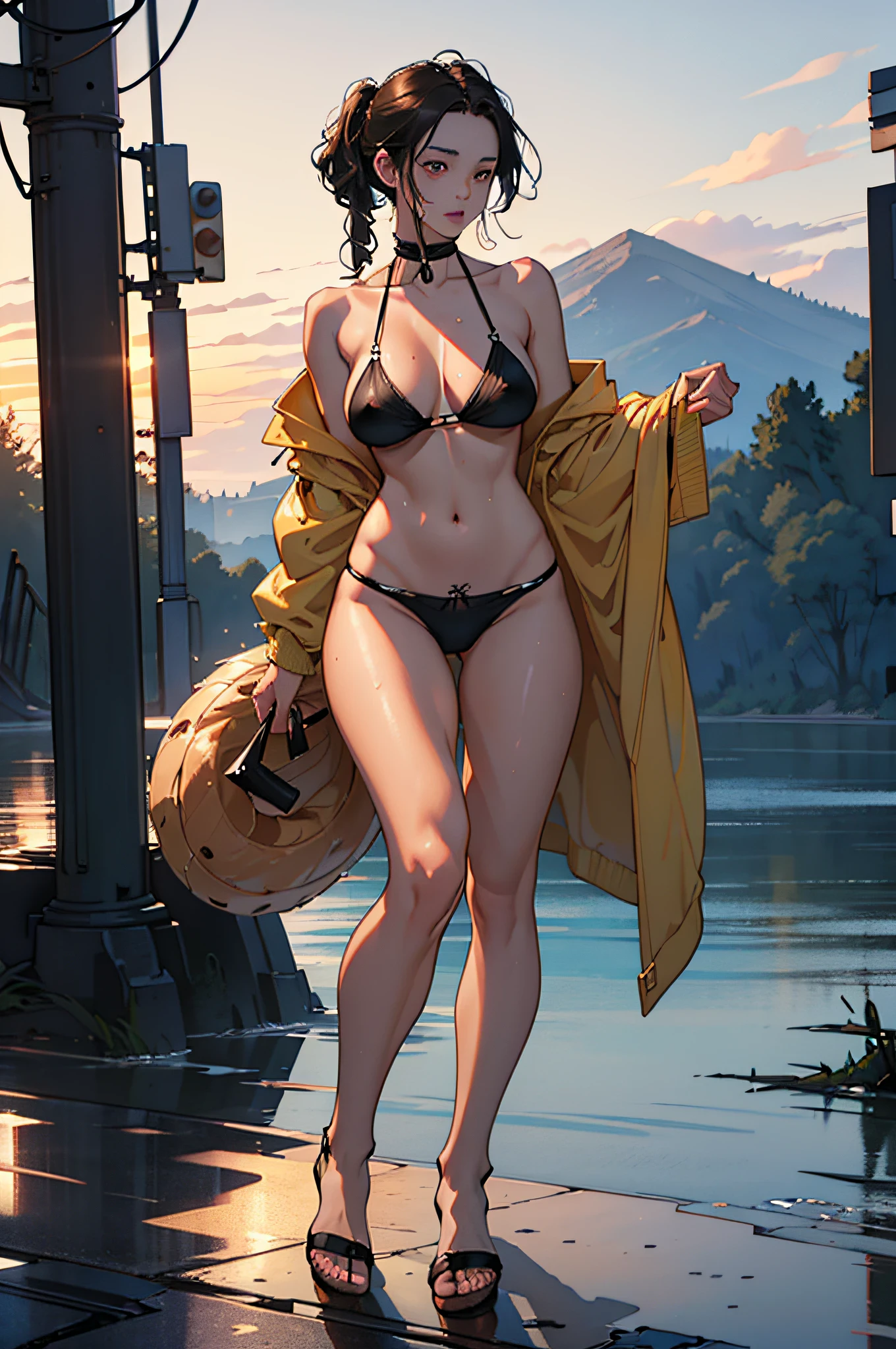 NSFW、((cammel toe))、top-quality、masterpiece、超A high resolution、8K、(Photorealsitic:1.4)、Raw photo、1人、Dark hair、glowy skin、Wet body、Dramatic Writing、full body Esbian、female dog、Black Micro Bikini、Big、at the sunset