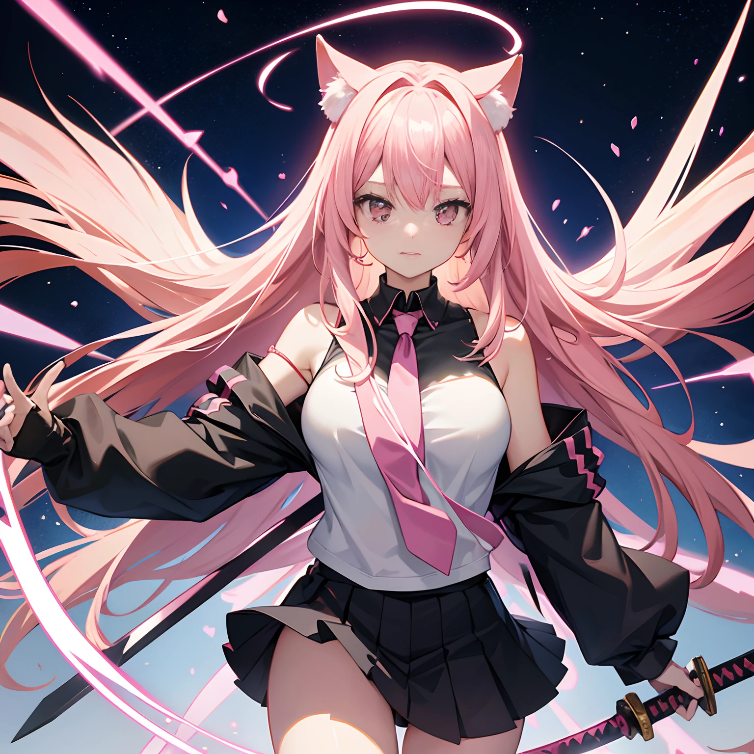 "anime girl, 1 person, pink hair, pink cat ears, pink eyes, women's shirt, tie, with takana twin swords on back, takana sword, women's black off-the-shoulder jacket, black miniskirt, big breasts  , there are ice crystals flying around on his back, holding a sword, dual takana swords, smiling triumphantly, solo, frontal view, standing cross-legged .(full HD 4K+ image )"