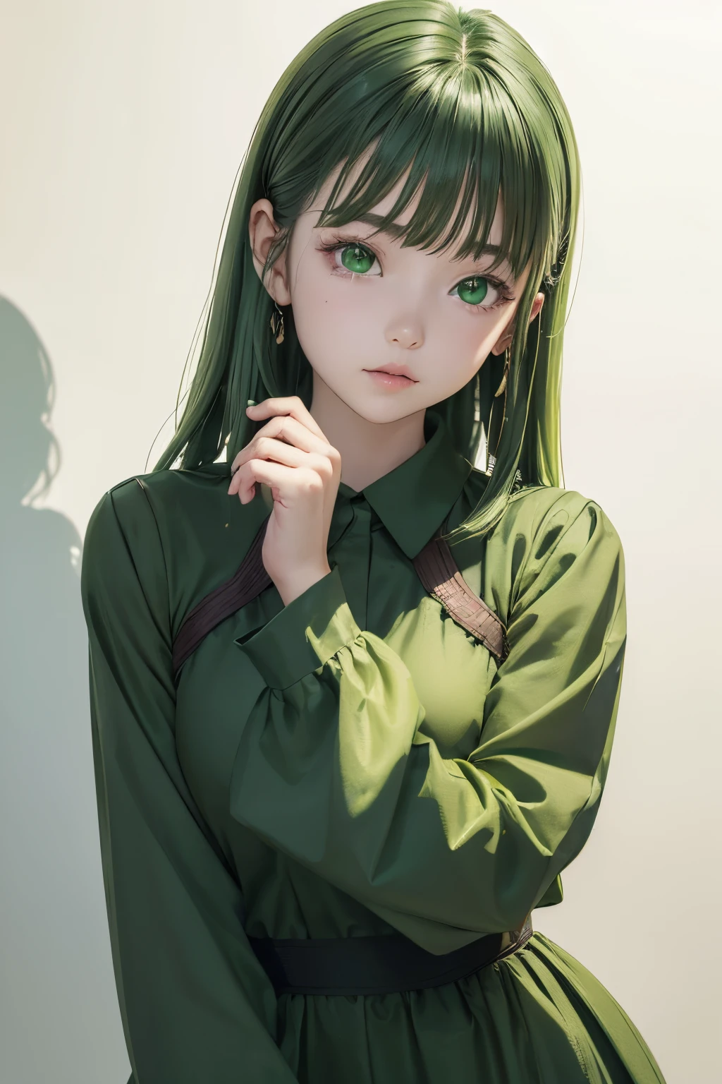 (((Green world:1.3)))、Best Quality, masutepiece, High resolution, (((1girl in))), sixteen years old,(((Eyes are green:1.3)))、Green dress、((Green shirt:1.3、Green Block Dress)), Tindall Effect, Realistic, Shadow Studio,Ultramarine Lighting, dual-tone lighting, (High Detail Skins: 1.2)、Pale colored lighting、Dark lighting、 Digital SLR, Photo, High resolution, 4K, 8K, Background blur,Fade out beautifully、Green world