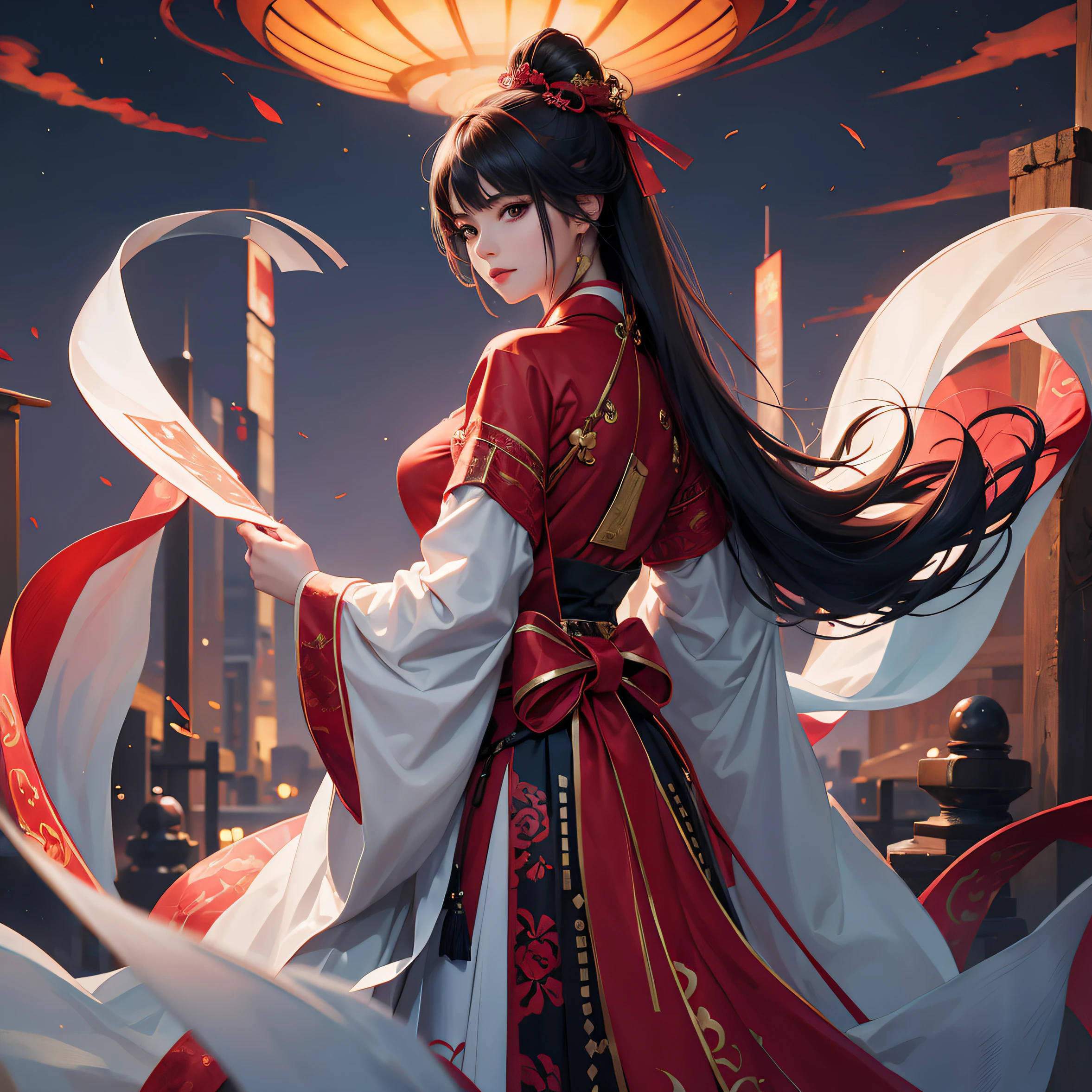 a beautiful -agedl,Beautiful face,contours、The moon is in the background、pony tails、Shiny brunette woman、Gorgeous kimono、Depicts a beautiful and elegant Japanese woman。heart in the eyes。Whole body ESBIAN。 Beautiful anime art wallpaper 8k, Beautiful fantasy anime, Beuatiful anime, Detailed anime artwork.Blur the background with a sickle,Hanfu Danden,The pattern is exquisite、high high quality