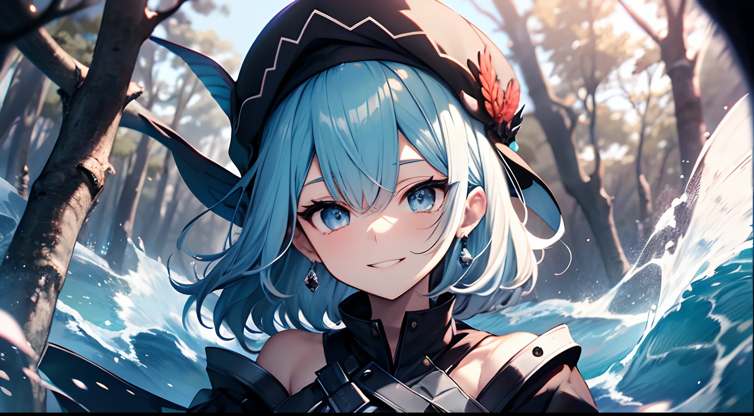 ((tmasterpiece:1.4,Best quality at best))+,(hyper-detailing)+,(Ultra-detailed eyes)+,(winged ears:1.5),
(cute girls),15year old,(skyblue eyes:1.15),dark blue short hair,long blue braids,Bushy hair(wariza:1.2),pale-skinned,ssmile,a seductive smile
(She wears conservative blue and black thermal clothing,red pattern,Lots of fluff:1.5),(Black gloves:1.4)The sleeves are long,
Black earrings,lean legs,The corals,Fantastical,gem jewelry,Ocean of fish and trees,blue beret hat
(Black tentacles:1.1),
(dawn light:1.2),
(Thick black and white:1.16),(depth of fields:1.4),,Complicated details,