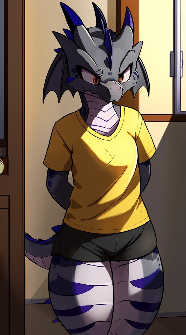 A  girl, 独奏, (little chest), juicy perfect body, Large thighs, (dragon:1.4), (gray scales with black stripes), (t shirt), (Short shorts), Sleepy gaze, sluggish tired eyes, in the apartment, Highly detailed, High Resolution, 詳細な目, A little fur,