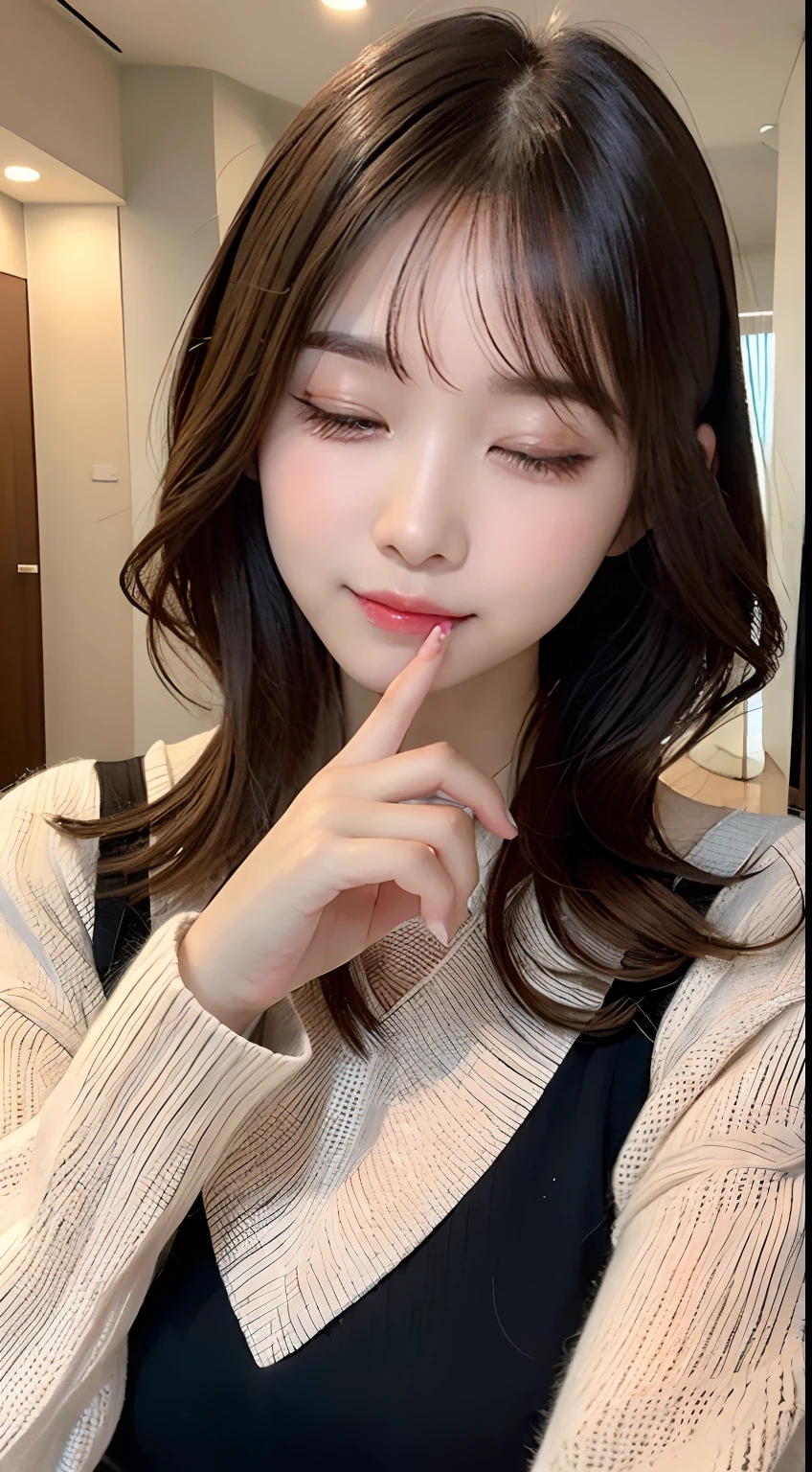 masutepiece, Best Quality, Illustration, Ultra-detailed, finely detail, hight resolution, 8K Wallpaper, Perfect dynamic composition, Beautiful detailed eyes, black long sleeve knit dress, Natural Color Lip,Hotel, Random and cute poses, Kissing face,Close your eyes,Take a photo with your kissing face facing the viewer,Perfect and beautiful face,Cute,Anatomically correct condition,Cute,KPOP Idol Face,Perfect and beautiful face