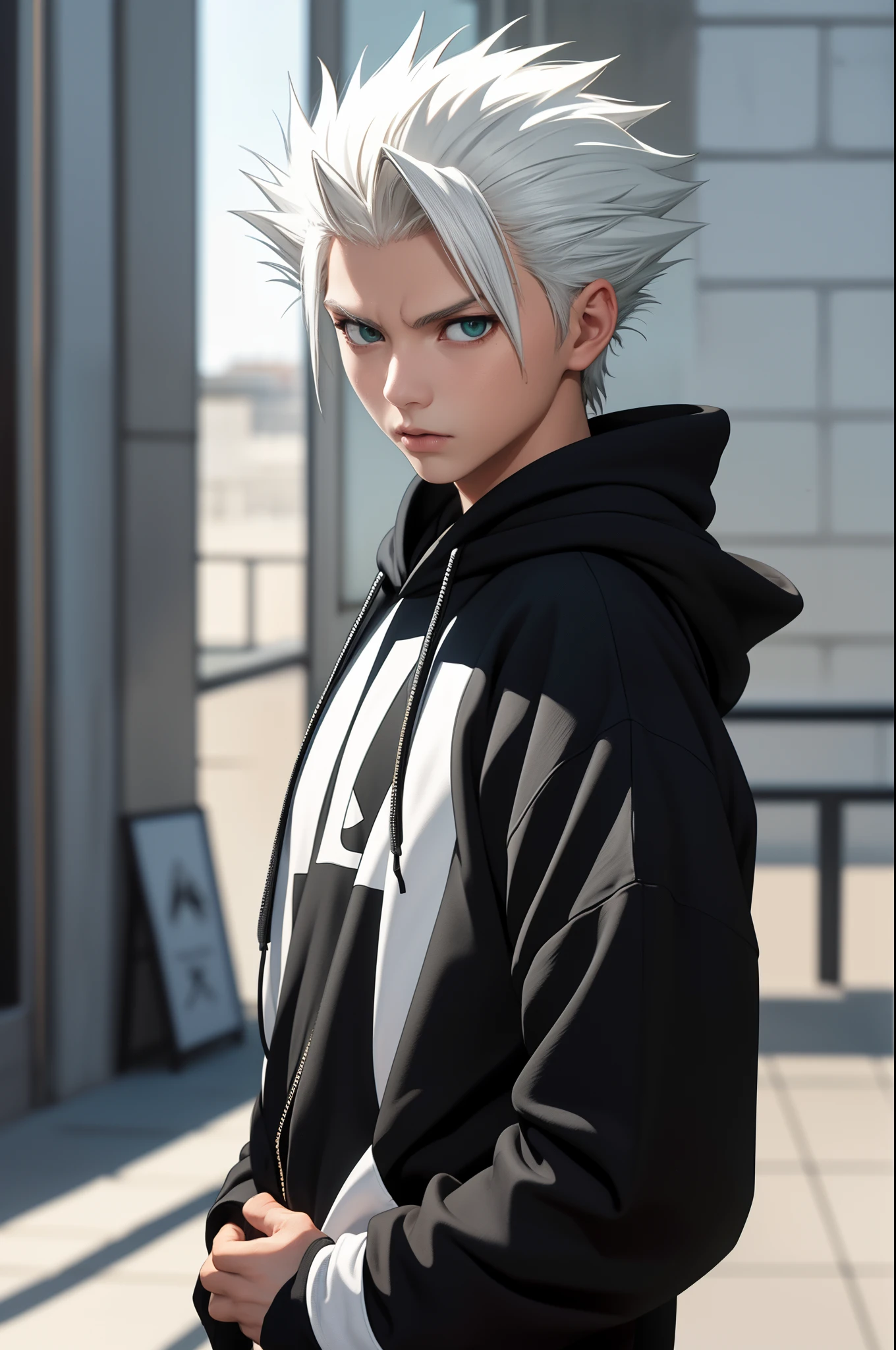 masterpiece, best quality, high quality, 1boy, solo, male focus, looking at viewer, upper body, hitsugaya_toushirou, wearing Streetwear Hoodie, dinamic lighting, blurry background