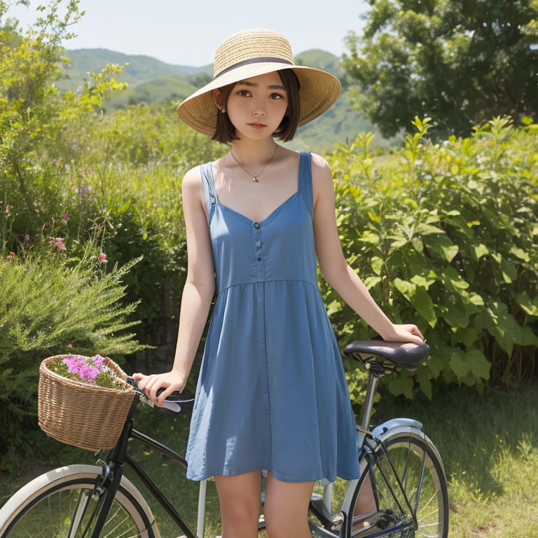 20yr old、femele、Knee-length dress、country road、Shorthair、bicycle、a straw fedora hat