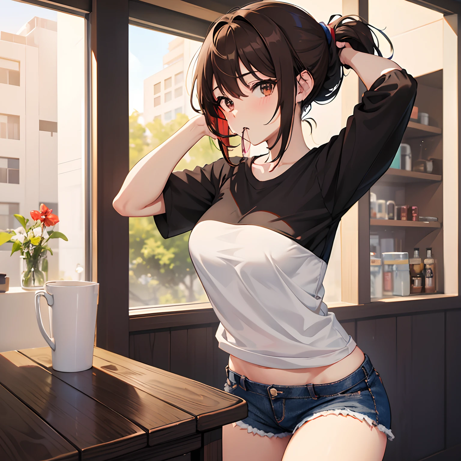 "anime girl, 1 person, dark brown hair, ponytail, ponytail, hair tied, brown eyes, hair tie in mouth, t-shirt, white t-shirt, tights, shorts, big breasts, red face, solo, front view, (full HD 4K+ image )"