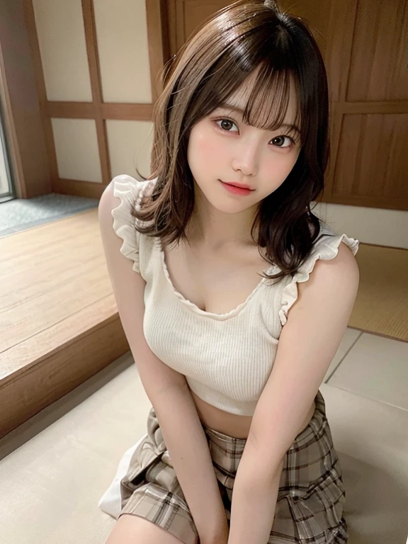 portrait of a japanese ,(Best Quality,4K,8K,hight resolution,masutepiece:1.2),Ultra-detailed,(Realistic,Photorealistic,Photorealsitic:1.37),cute-style,dian,Dribbling High Detail 8K,Studio Lighting - V 6, Random cute pleated skirt,random cute bikini, Random Faces, Random curly hair, bangss, bare-legged