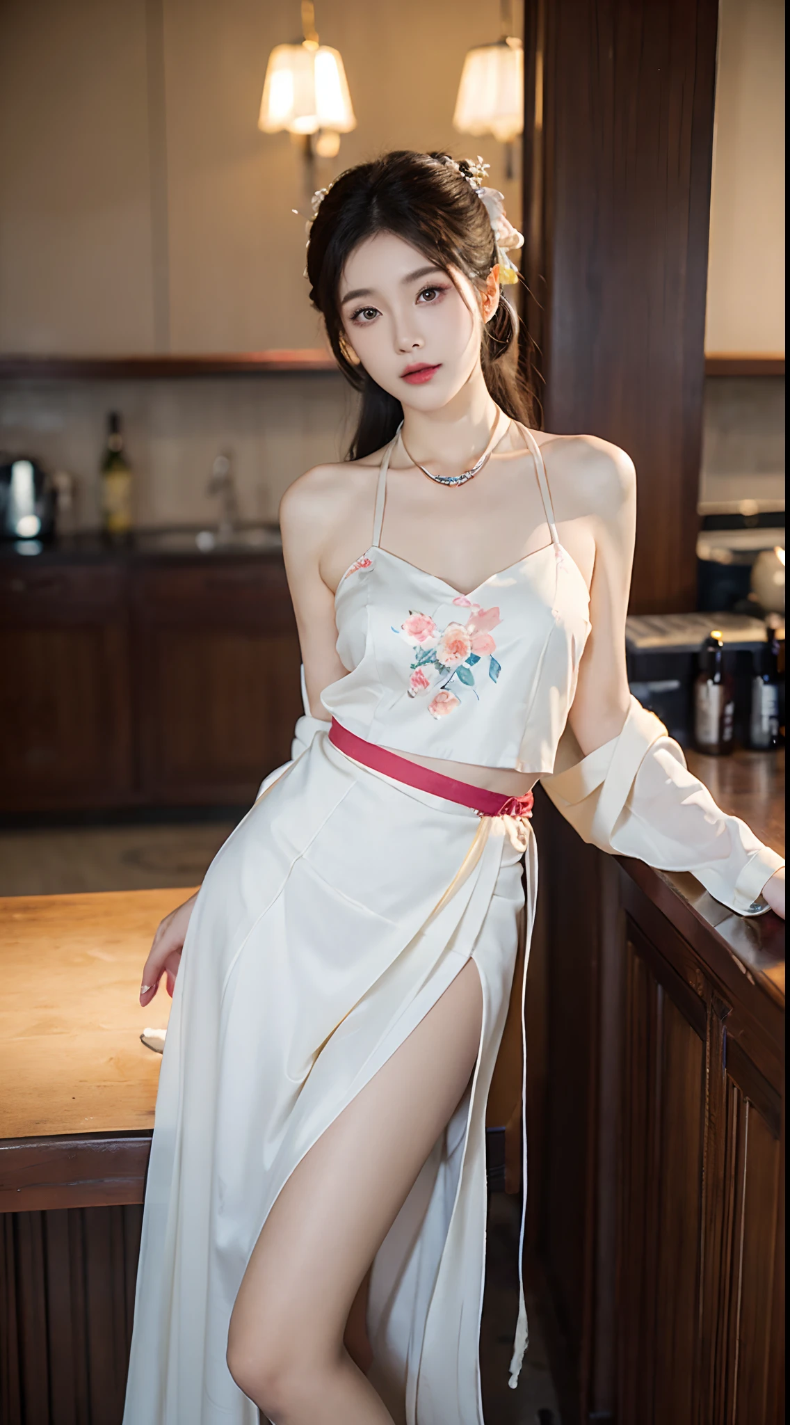 ((cowboy shot), Shot from a random perspective, ancient chinese beauti, In the bar, Sit Pose, Leaning against the bar, posed for photo, ellegance, dignified, slim, Slimming the waist, curlies, period costume, Hanfu, Tang suit, ((white skirt, Floral)), cropped shoulders, China-style, Floral, Pattern, Long brownish-yellow hair, Beautiful hairpins, slender leg, pretty legs, Cross ed leg, warm lights, Warm tones for the night, rays of moonlight, tmasterpiece, best qualtiy, offcial art, rich details, Clear face, Professional lighting, フォトンマッピング, ラジオシティ, Physically-based rendering, 耳Nipple Ring, choker necklace, Hairpins, Heavy makeup, Gorgeous makeup