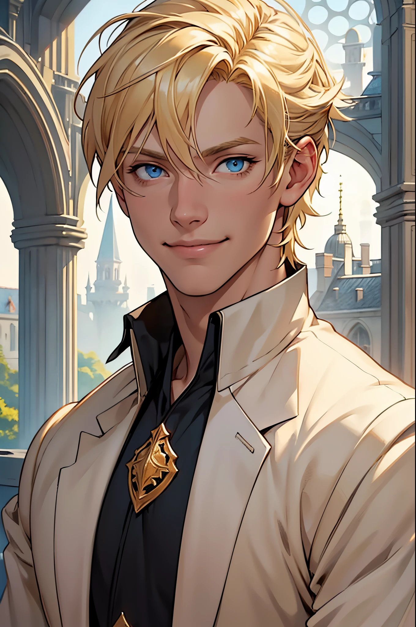 young, masculine, man, white, blond hair, blue eyes, gentle smile, noble clothes, castle atmosphere. short hair , blonde hair, light smile, 8k, super detail, accurate, best quality, high quality, high details, super detail, award winning, best quality, highres, textured skin, anatomically correct, masterpiece, accurate