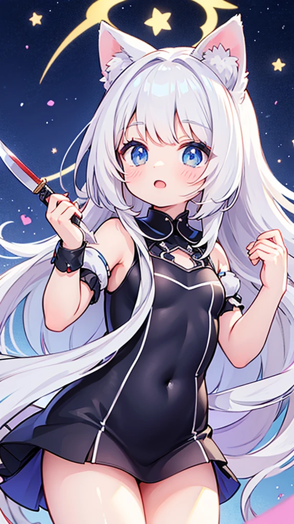 animemanga girl,Has cat ears,holding a bow,holding a knife, azur lane style, small curvaceous , white-haired god, From《Azur route》videogame, fleet collection style, From the maiden front, 《Azur route》role, The highest rating on PixiV, In Pixiv, from the night of the ark, thicc, Popularity on pixiv, anime goddess