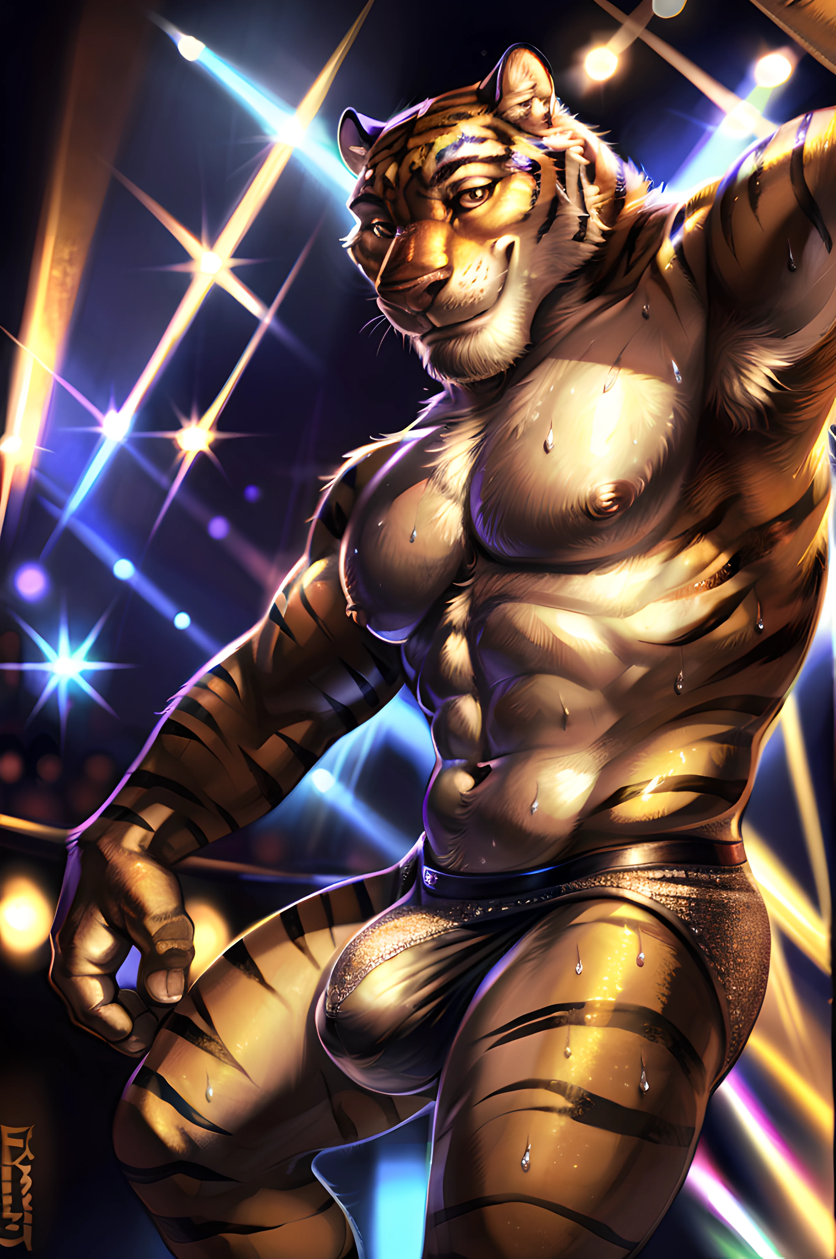 tiger dancer (zootopia), (sexy dancing:1.0), sexy, furry body, muscular, heavyweight, underwear, (bulge:0.7), male, masculine, 4k, high resolution, detailed, correct anatomy, cartoony proportions, (club background, bright lights), (by rukis, by darkgem, by mystikfox61:1.0), detailed eyes, flirting face, masterpiece, correct colors, correct lighting, detailed, (sparkles on body, glitter, sweat:1.2), sexy, armpit