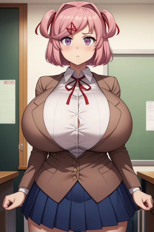 ddlcnatsuki, ddlcnatsuki, fang, hair ornament, pink hair, (violet eyes:1.1), massive breast, (Huge-breasts:1.4), (hands on breast:1), Short hair, Short detail, swept bangs, x hair ornament, Blazer BREAK, Blue skirt, brown jacket, shirt with collar, jacket, long sleeves, mini skirt, neck ribbon, pleated skirt, red ribbon, band, school uniform, Shirt, upskirt, swept bangs, vest, white shirt, wing collar, x hair ornament, BREAK looks at the viewer, BREAKTHROUGH in the room, Classroom, BREAK (Masterpiece:1.2), Best Quality, High Resolution, Unity 8k壁纸, (illustartion:0.8), (beautiful detail eyes:1.6), extremely detailed face, perfect lighting, extremely detailed CGI, (perfect arms, perfect anatomy), hands on breast