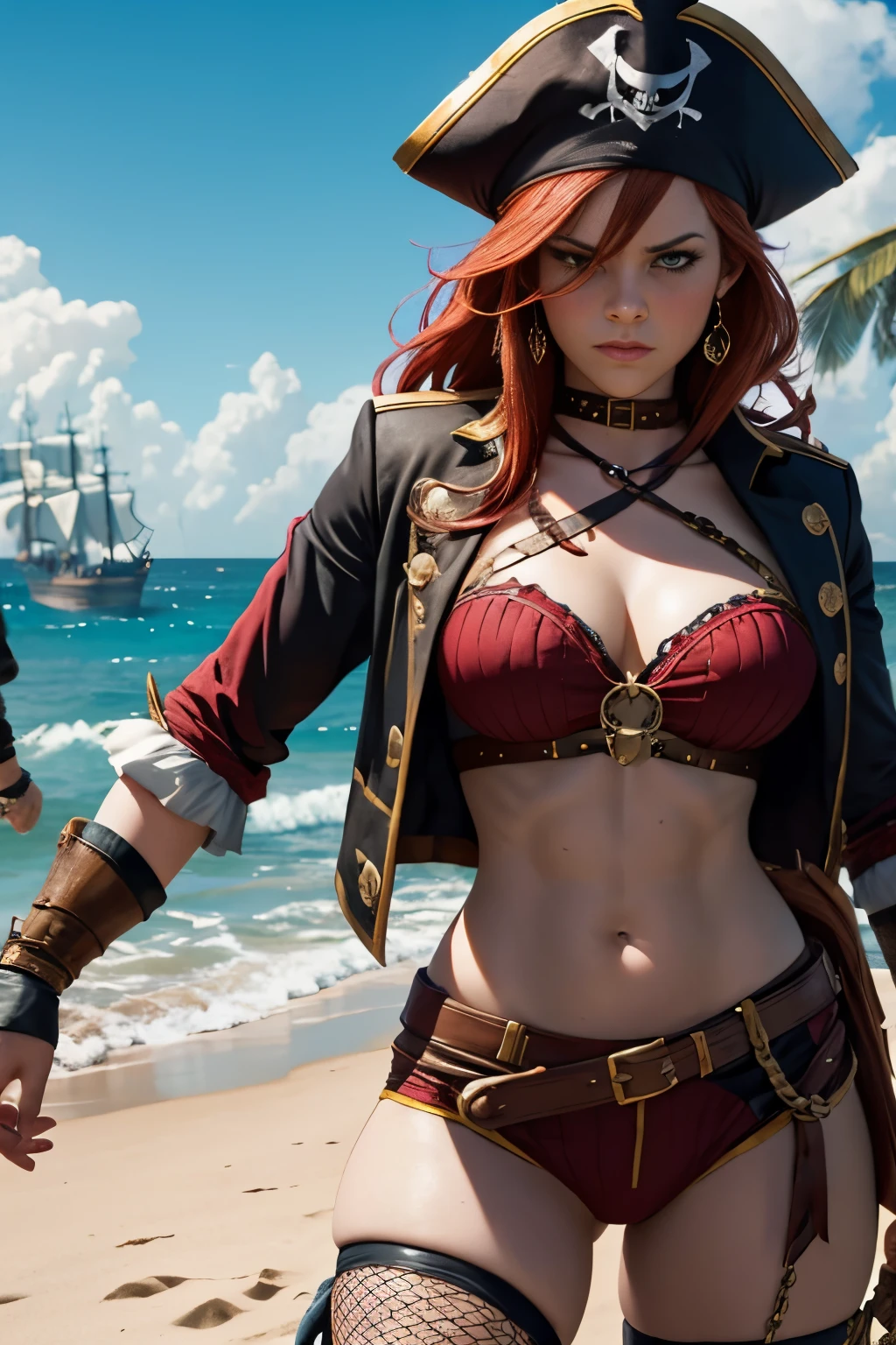 Femdom, Strong female pirate captain with big muscles winning, angry face, redhead, fishnet_stockings, leading a group of pirates, at beach, background sea shore with pirate ships