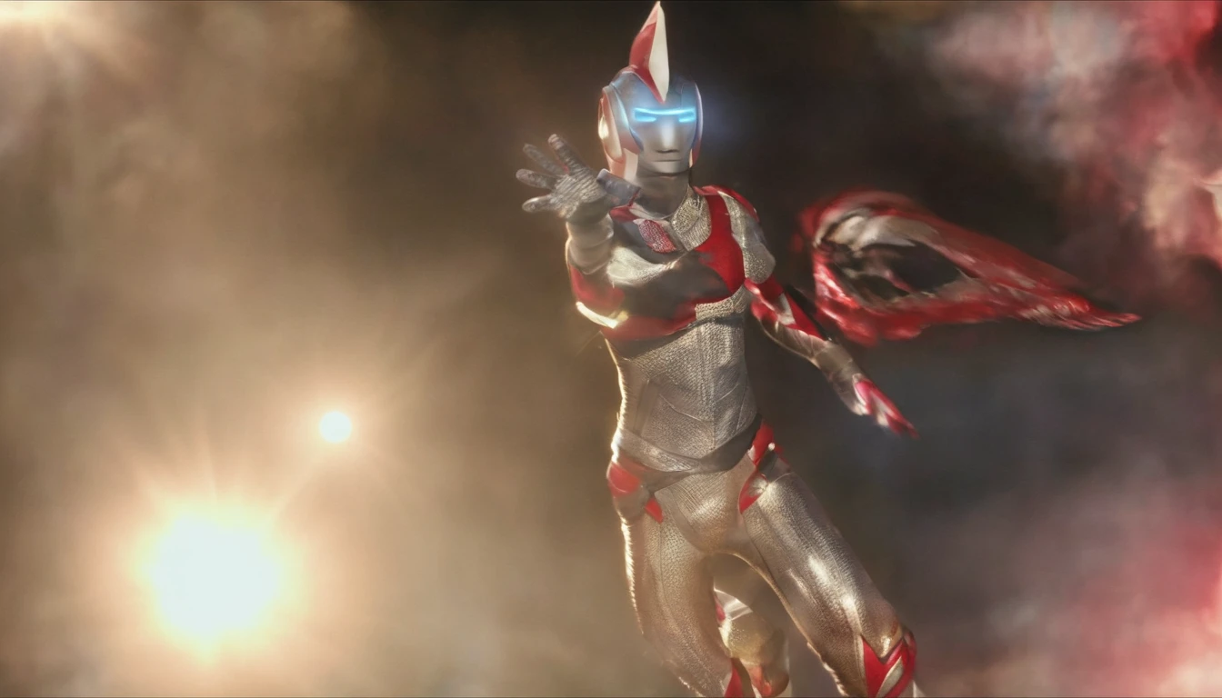 [ Amazing | astounding | delicated ] [Visually inspect the audience]Ultraman&#39;s character statue ， （Best quality， tmasterpiece）， 1人， looking at viewert， face guard ， City smoke background， upper part of body， Contemporary，Ultraman Tiga clothing。[dot paper effect]