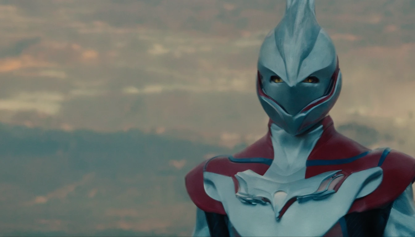 [ Amazing | astounding | delicated ] [Visually inspect the audience]Ultraman&#39;s character statue ， （Best quality， tmasterpiece）， 1人， looking at viewert， face guard ， City smoke background， upper part of body， Contemporary，Ultraman Tiga clothing。[dot paper effect]