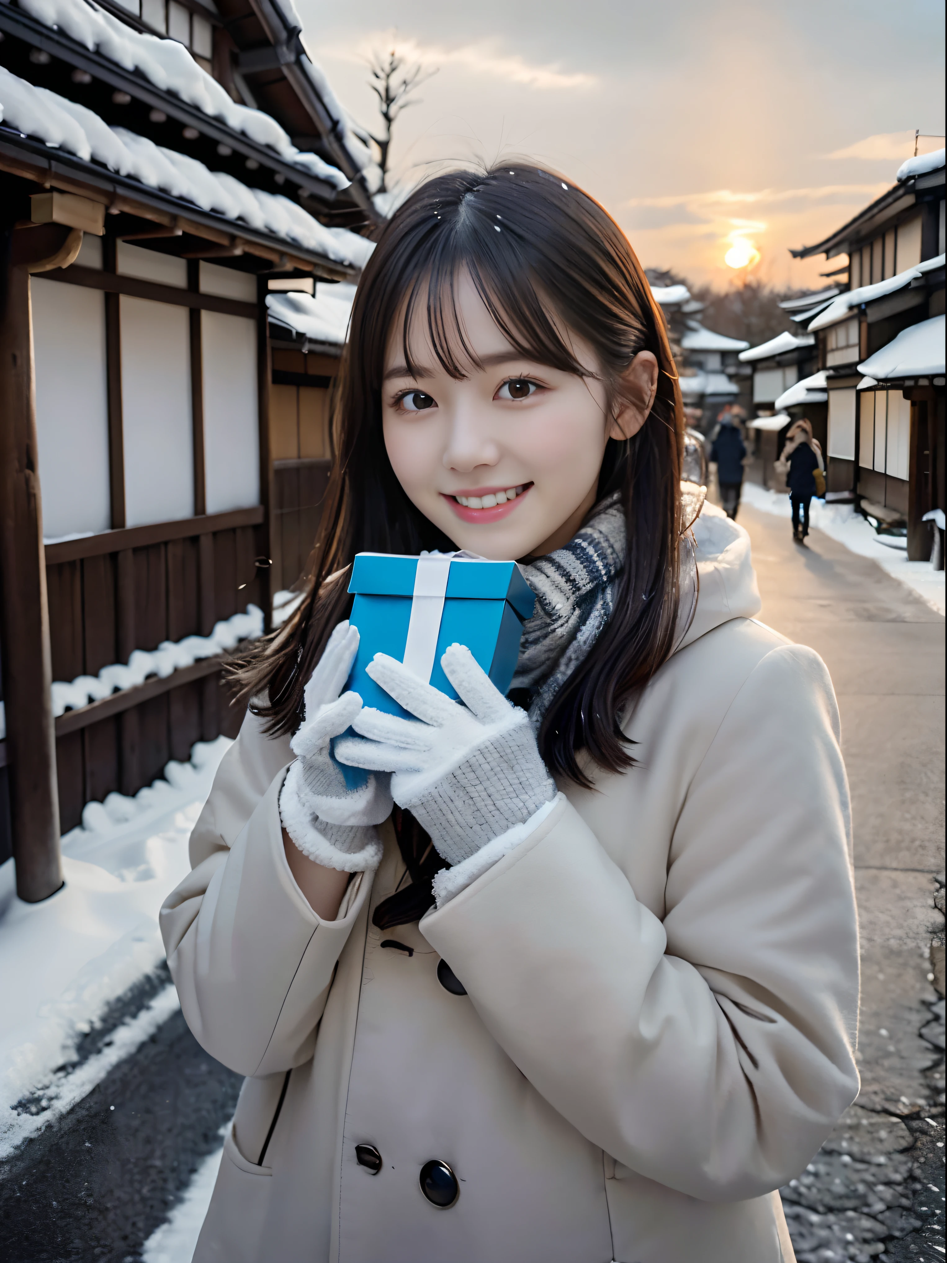 (Close up portrait of slender small breasts short hair with long locks girl in winter uniform with white winter coat and gray scarf :1.5)、(One girl holding a gift box with gloves in hand: with shy smile:1.5)、(Snowy winter street corner in Japan:1.5)、(Beautiful sunset time:1.5)、(Perfect Anatomy:1.3)、(No mask:1.3)、(complete fingers:1.3)、Photorealistic、Photography、masutepiece、top-quality、High resolution, delicate and pretty、face perfect、Beautiful detailed eyes、Fair skin、Real Human Skin、pores、((thin legs))、(Dark hair)