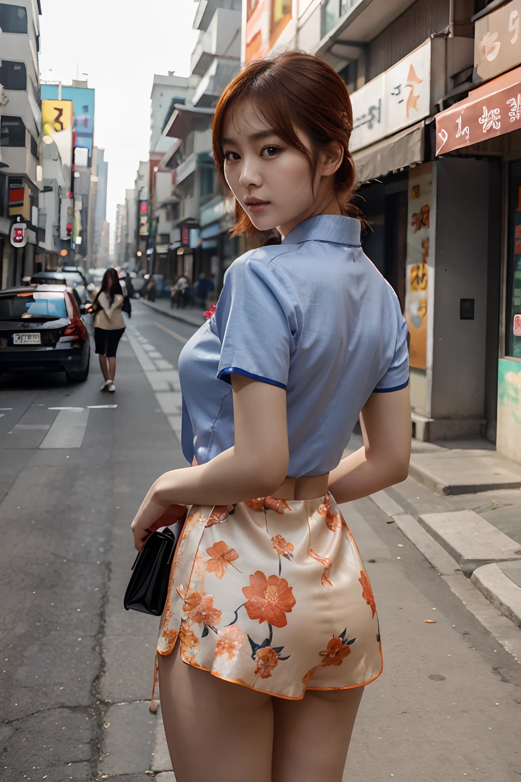 arafed woman in a floral dress standing on a city street, beautiful south korean woman, beautiful young korean woman, gorgeous chinese model, korean women's fashion model, f / 1. 9 6. 8 1 mm iso 4 0, short hair, gorgeous young korean woman, cheongsam, beautiful asian girl, xintong chen, sha xi, sexy girl wearing shorts, korean woman, lit from behind, heavy makeup, hair ties, slightly open mouth, big eyes, glossy, very pretty face, slender waist, sex pack, light orange hair,