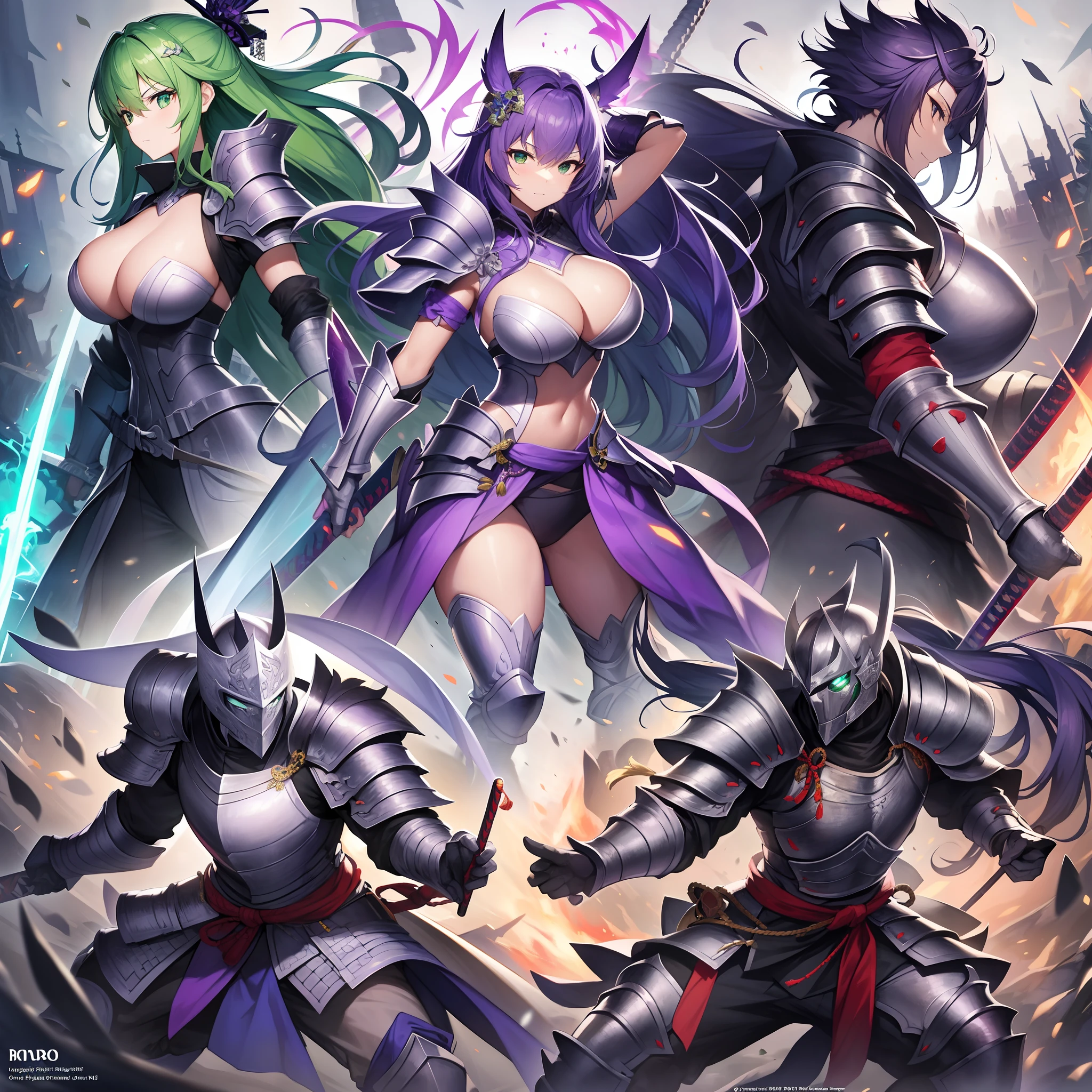 Outrageous resolution、masterpiece++、top-quality++、ultra-definition++、ultra-definition++、4k++、8k++、from side、(Background Focus)++、+++、Destroying a city On the battlefield, a knight in shining purple full body armor and a samurai in full body armor shining green stand back to back and chant a spell wielding their weapons.、A rune where a knight in full body armor shining purple and a samurai in full body armor shining green swing their weapons back to back on the battlefield.、Magic where a knight in full body armor shining purple and a samurai in full body armor shining green swing their weapons back to back on the battlefield.、A knight in full body armor shining in purple and a samurai in full body armor in shining green stand back to back and wield weapons on the battlefield flying above.、A dragon in which a knight in full body armor shining in purple and a samurai in full body armor in shining green swing their weapons back to back on the battlefield.、On the battlefield, a knight in full body armor shining in purple and a samurai in full body armor shining in green stand back to back and wield weapons.、detailed fantasy art、fantasy art style、Break A monster in a beautiful ancient battlefield where a knight in full body armor shining in purple and a samurai in full body armor in shining green stand back to back and wield weapons.、A huge-breasted monster with a knight in full body armor shining purple and a samurai in full body armor shining green swinging weapons back to back on the battlefield.、Fantasy Art Behans、On a beautiful battlefield, a knight in shining purple full-body armor and a samurai in full-body shining green armor stand back-to-back and wield weapons.、On a beautiful battlefield, a knight in shining purple full-body armor and a samurai in full-body shining green armor stand back to back, the Grim Reaper wielding weapons.、Fragments of a knight in full body armor shining in purple and a samurai in full body armor in shining green swinging weapons back to back on a shiny floating battlefield.、A magic circle in which a knight in full body armor shining purple and a samurai in full body armor shining green swing their weapons back to back on the battlefield.、On a dazzling battlefield, a knight in full body armor shining in purple and a samurai in full body armor shining in green sparks as they swing their weapons back to back.、A chain of a knight in full body armor shining purple and a samurai in full body armor shining green wielding weapons back to back on the battlefield.、On the battlefield, a knight in full-body armor shining in purple and a samurai in full-body armor in shining green swing their weapons back to back, their hair blowing in the wind.、Blake Isekai Beautiful、A knight in full body armor shining in purple and a samurai in full body armor in shining green swing their weapons back to back on the battlefield.、Detailed clothing、Mischievous aura、Bewitching face、tall body、Mature body、seductive body、爆乳、detailed beautiful faces、detailed shiny eyes、Detailed skin、Full body break、detaileds、realisitic、4K highly detailed digital art、octan render、bio luminescent、BREAK8K resolution concept art、真实感、Mappa Studio、masterpiece、top-quality、Official Art、illustratio、Ligne Claire、(cool_color)、perfect-composition、absurderes、Fantasia、Focused、thirds rule
