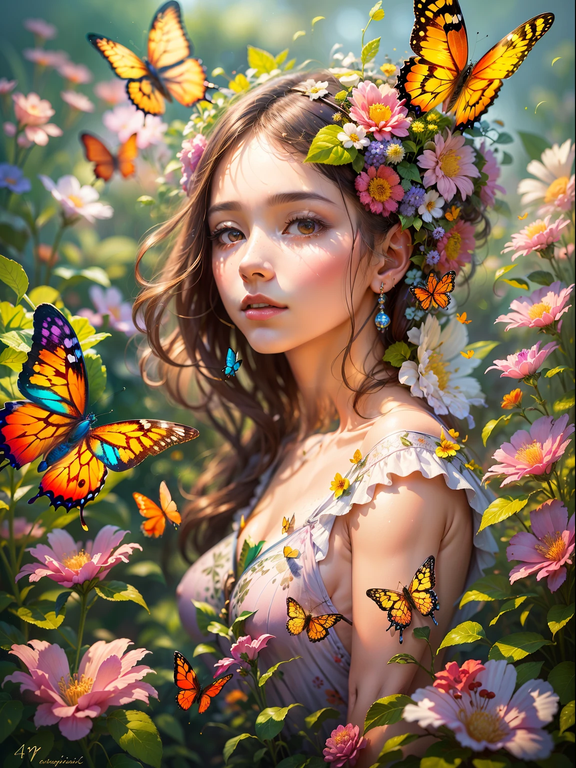 Girl with butterfly head, Surrounded by colorful gardens, Soft and soothing colors, Vibrant flowers, Butterflies flutter around, gentlesunlight, Fantastic atmosphere, Detailed and authentic features, Smooth brushstrokes, Oil painting medium, High quality and high resolution, Magical and surreal style, Fascinating and imaginative scenes, happy and peaceful mood, Intricate patterns on butterfly wings, Delicate petals and leaves, Harmonious composition, Ethereal and charming atmosphere, girl calm expression, Grab your audience's attention, Evoke emotions、A masterpiece that inspires creativity. (Best quality at best, 4K, A high resolution, tmasterpiece:1.2), ultra - detailed, actual:1.37, oil painted, vivd colour, gentlesoftlighting, enchanting Garden, Magical butterflies