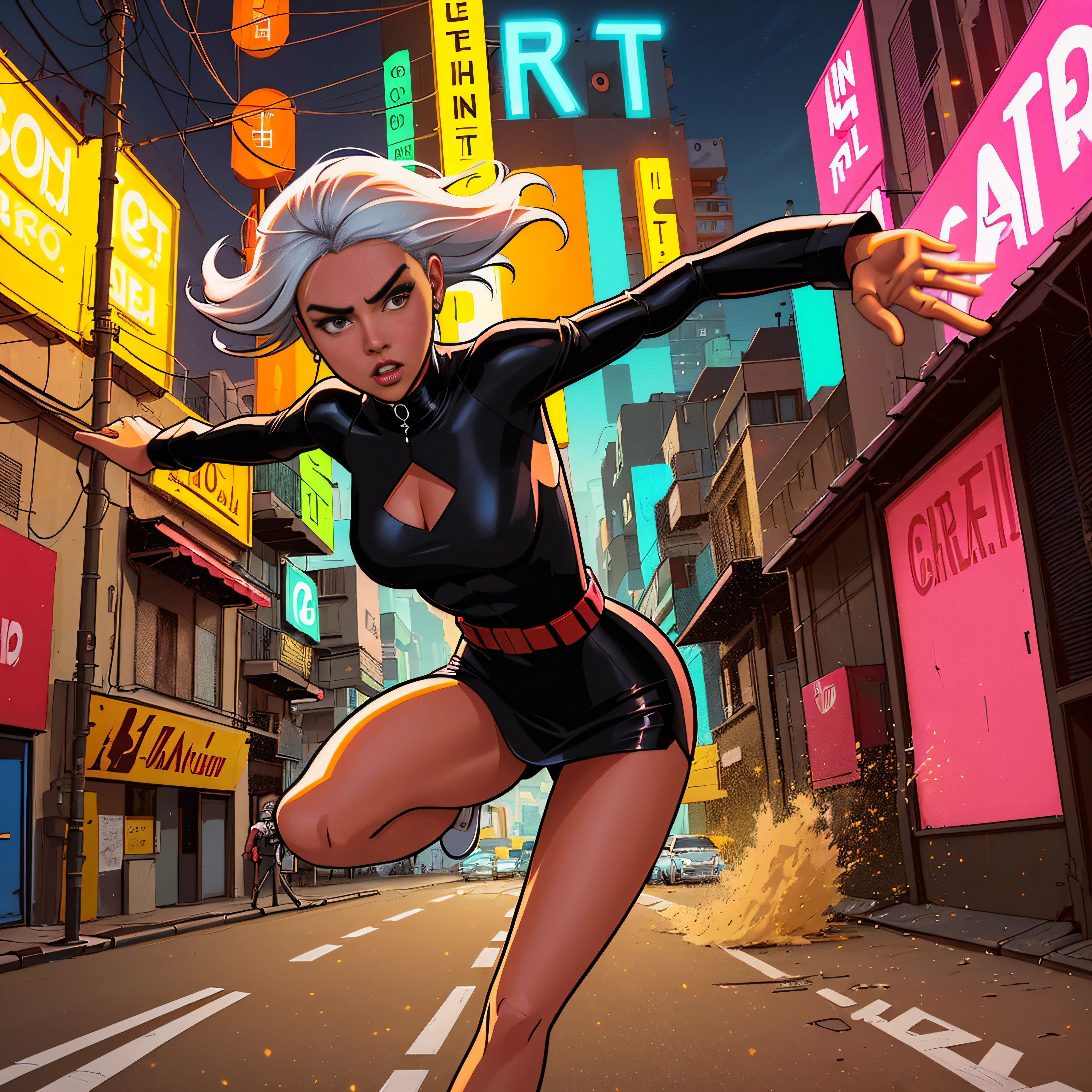 Imagen de cerca de 1girl con cabello largo y rosado, con vestido blanco entallado con capucha, (RUNNING TOWARDS CAMERA), (La mujer parece asustada), asustado, Corriendo por su vida, down a dirty city alley, ciudad futurista en (Noche:1.4), Blue and yellow neon signs, (((cartel enorme donde dice PELIGRO))), Chase scene, action scene, Contornos gruesos, comic book style, dynamic camera angle, Piel realista, manos realistas, Manos perfectas, Lines of action, fondo de desenfoque de movimiento