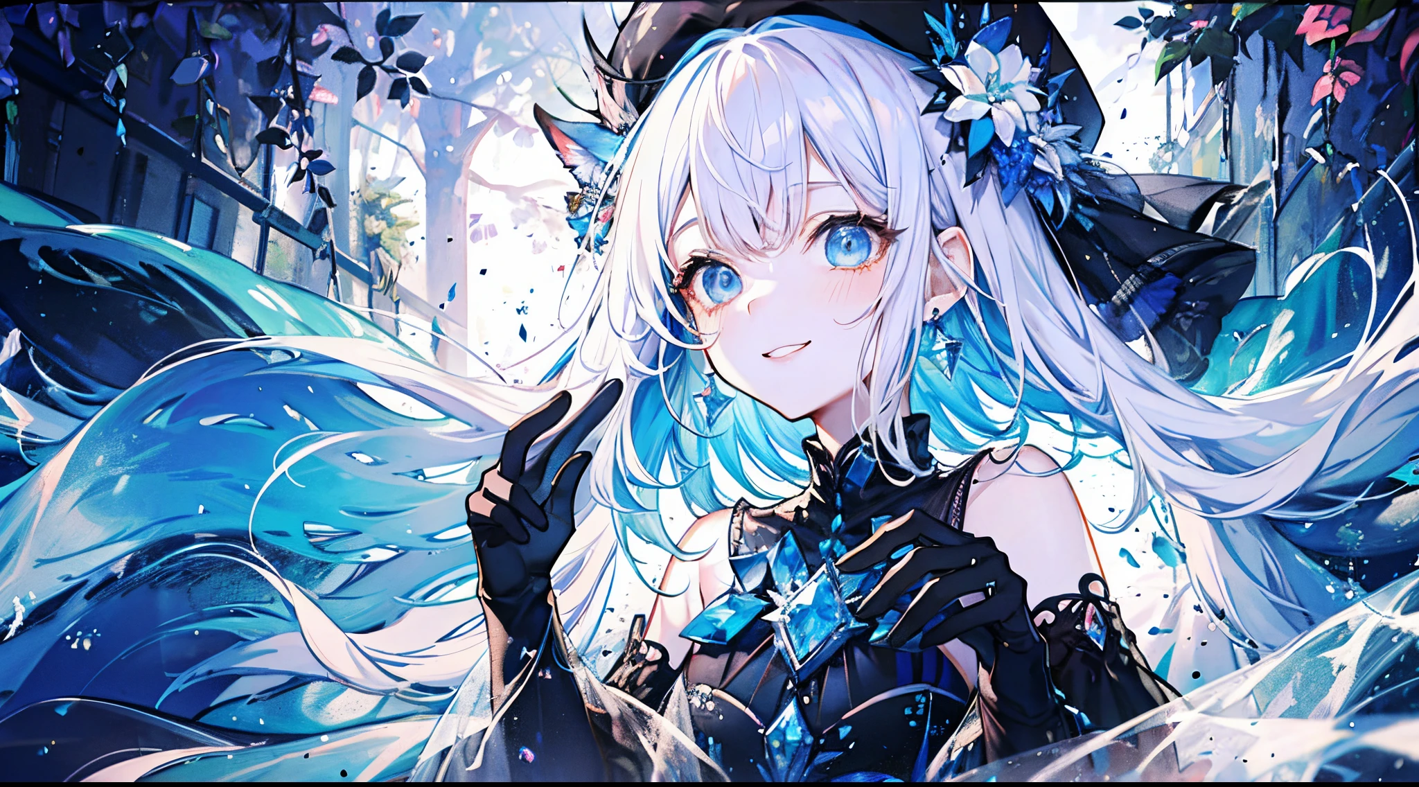 （（tmasterpiece：1.4，Best quality at best））+，（hyper-detailing）+，（Ultra-detailed eyes）+，（winged ears：1.5），
（cute girls），15year old，（skyblue eyes：1.15），dark blue short hair，long blue braids，Bushy hair（wariza：1.2），pale-skinned，ssmile，a seductive smile
（She is wearing a conservative blue and black dress，red pattern，Lots of fluff：1.5），（Black gloves：1.4）The sleeves are long，
Black earrings，Mermaid tail，The corals，like a dream，gem jewelry，Ocean of fish and trees，blue beret hat
（Fish tail：1.1），
（dawn light：1.2），
（Thick black and white：1.16），（depth of fields：1.4），，Complicated details，