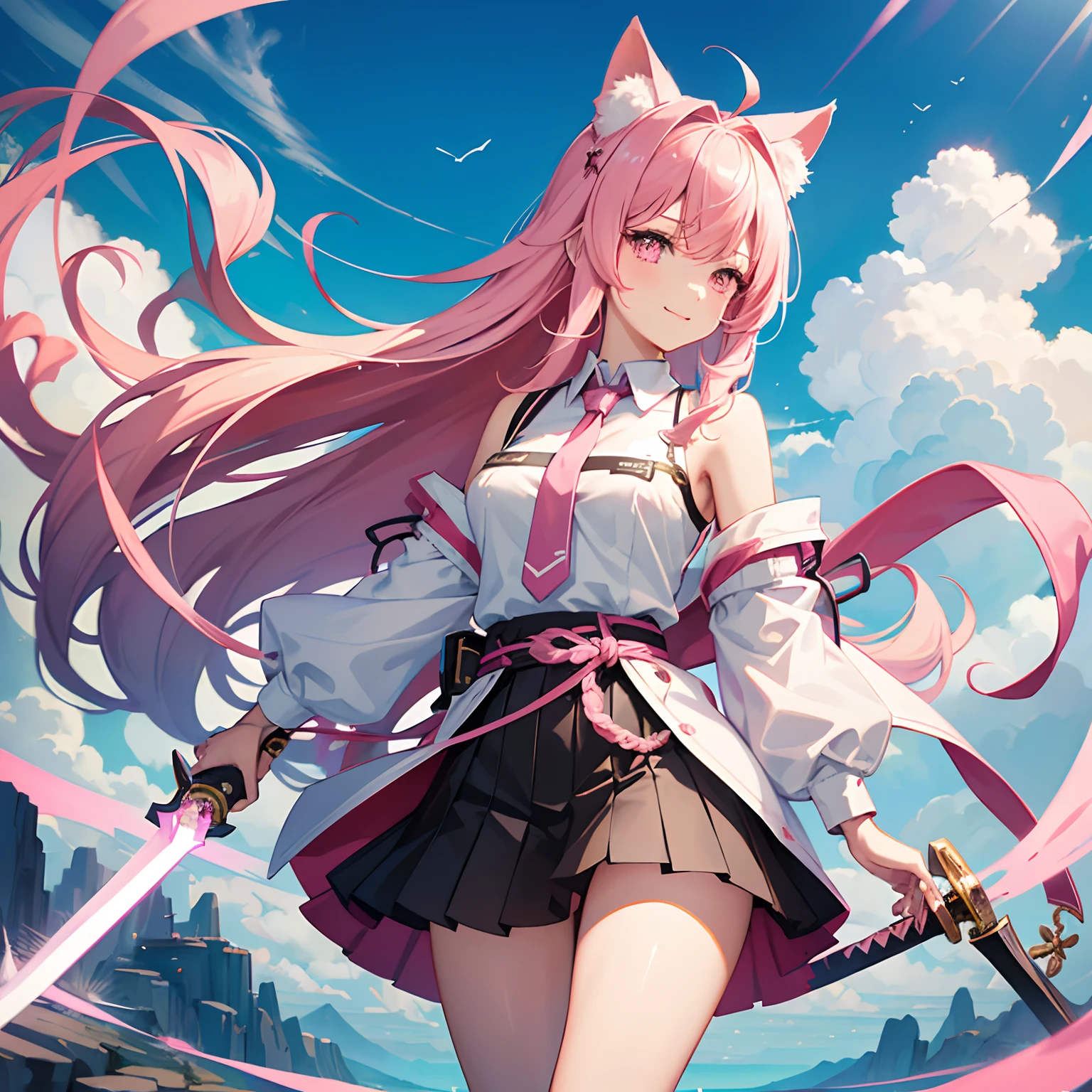 "anime girl, 1 person, pink hair, pink cat ears, pink eyes, women's shirt, tie, with takana twin swords on back, takana sword, women's black off-the-shoulder jacket, black miniskirt, big breasts , there are ice crystals flying around on his back, holding a sword, dual takana swords, smiling triumphantly, solo, frontal view, standing cross-legged .(full HD 4K+ image )"