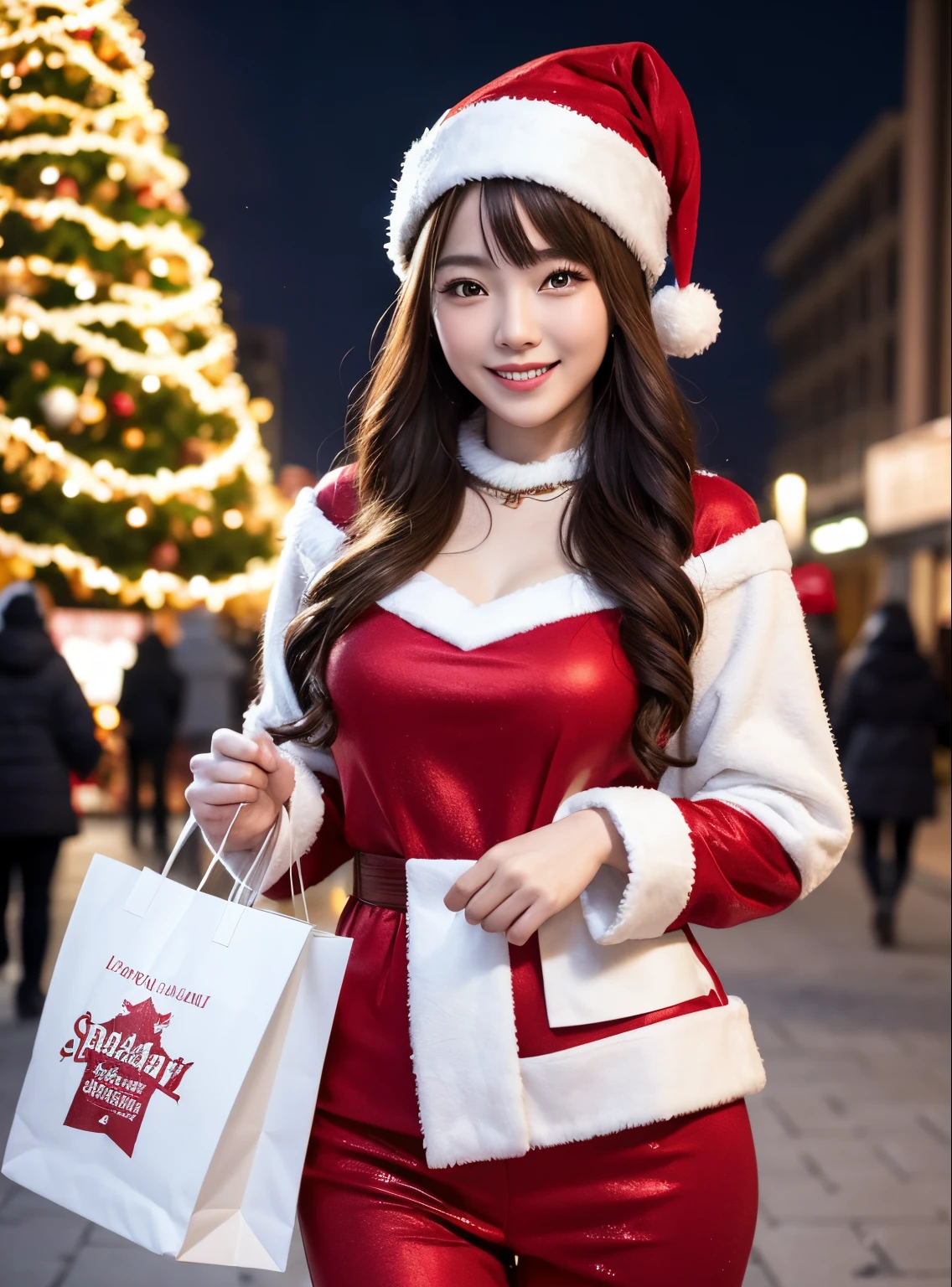 Textured skin, Super Detail, high details, High quality, Best Quality, hight resolution, 1080p, hard disk, Beautiful,Winter illumination,Christmas tree,shopping mall,Santa Claus Cosplay,She wears a Santa Claus costume,Lovely smile