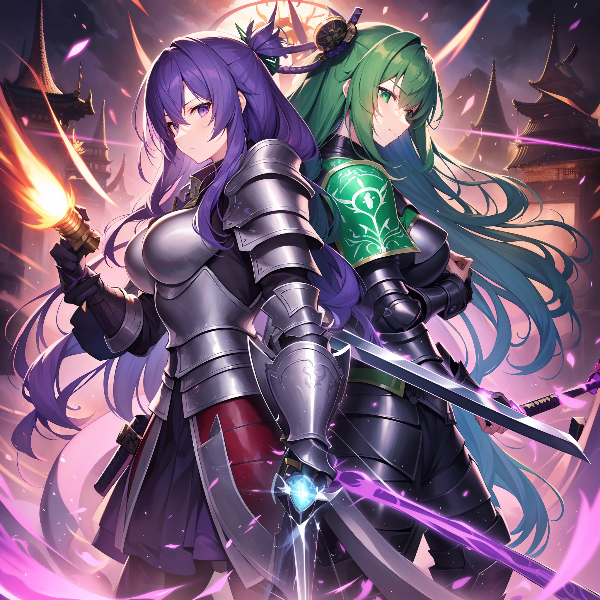 Outrageous resolution、​masterpiece++、top-quality++、ultra-definition++、ultra-definition++、4k++、8k++、from side、（Background Focus）++、+++、Destroying a city On the battlefield, a knight in shining purple full body armor and a samurai in full body armor shining green stand back to back and chant a spell wielding their weapons.、A rune where a knight in full body armor shining purple and a samurai in full body armor shining green swing their weapons back to back on the battlefield.、Magic where a knight in full body armor shining purple and a samurai in full body armor shining green swing their weapons back to back on the battlefield.、A knight in full body armor shining in purple and a samurai in full body armor in shining green stand back to back and wield weapons on the battlefield flying above.、A dragon in which a knight in full body armor shining in purple and a samurai in full body armor in shining green swing their weapons back to back on the battlefield.、On the battlefield, a knight in full body armor shining in purple and a samurai in full body armor shining in green stand back to back and wield weapons.、detailed fantasy art、fantasy art style、Break A monster in a beautiful ancient battlefield where a knight in full body armor shining in purple and a samurai in full body armor in shining green stand back to back and wield weapons.、A huge-breasted monster with a knight in full body armor shining purple and a samurai in full body armor shining green swinging weapons back to back on the battlefield.、Fantasy Art Behans、On a beautiful battlefield, a knight in shining purple full-body armor and a samurai in full-body shining green armor stand back-to-back and wield weapons.、On a beautiful battlefield, a knight in shining purple full-body armor and a samurai in full-body shining green armor stand back to back, the Grim Reaper wielding weapons.、Fragments of a knight in full body armor shining in purple and a samurai in full body armor in shining green swinging weapons back to back on a shiny floating battlefield.、A magic circle in which a knight in full body armor shining purple and a samurai in full body armor shining green swing their weapons back to back on the battlefield.、On a dazzling battlefield, a knight in full body armor shining in purple and a samurai in full body armor shining in green sparks as they swing their weapons back to back.、A chain of a knight in full body armor shining purple and a samurai in full body armor shining green wielding weapons back to back on the battlefield.、On the battlefield, a knight in full-body armor shining in purple and a samurai in full-body armor in shining green swing their weapons back to back, their hair blowing in the wind.、Blake Isekai Beautiful、A knight in full body armor shining in purple and a samurai in full body armor in shining green swing their weapons back to back on the battlefield.、Detailed clothing、Mischievous aura、Bewitching face、tall body、Mature body、seductive body、爆乳、detailed beautiful faces、detailed shiny eyes、Detailed skin、Full body break、detaileds、realisitic、4K highly detailed digital art、octan render、bio luminescent、BREAK8K resolution concept art、真实感、Mappa Studio、​masterpiece、top-quality、Official Art、illustratio、Ligne Claire、(cool_color)、perfect-composition、absurderes、Fantasia、Focused、thirds rule