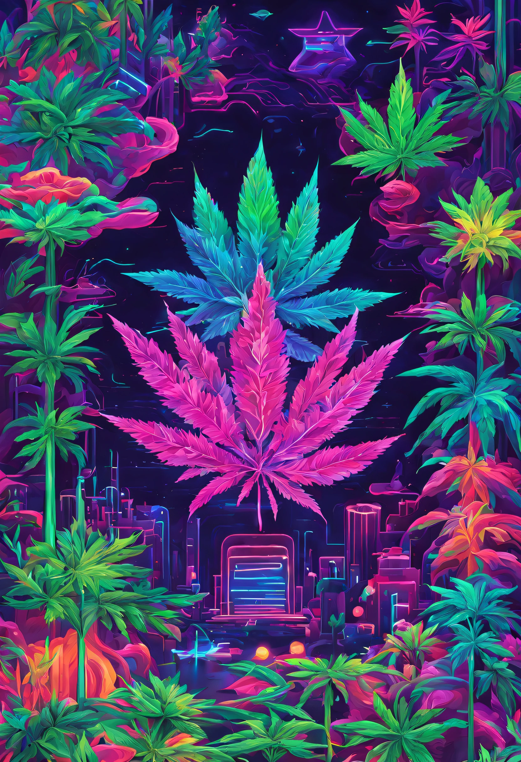 「Cannabis fields, Khemri and the Digital Age」On the theme of、Generate digital art inspired by the fusion of Kemri and digital technology。Use bright neon colors and geometric shapes、Creating images that embody the possibilities of the new digital age。