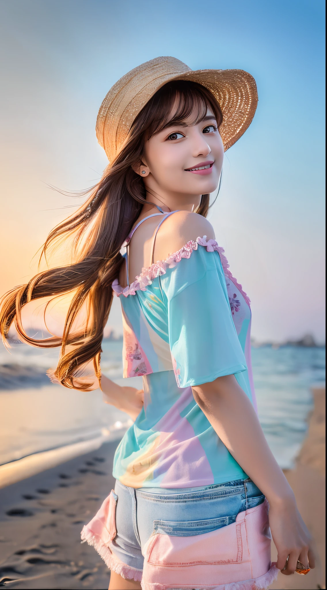 pastel-colored swimsuit, short sleeves, brown denims with flowers