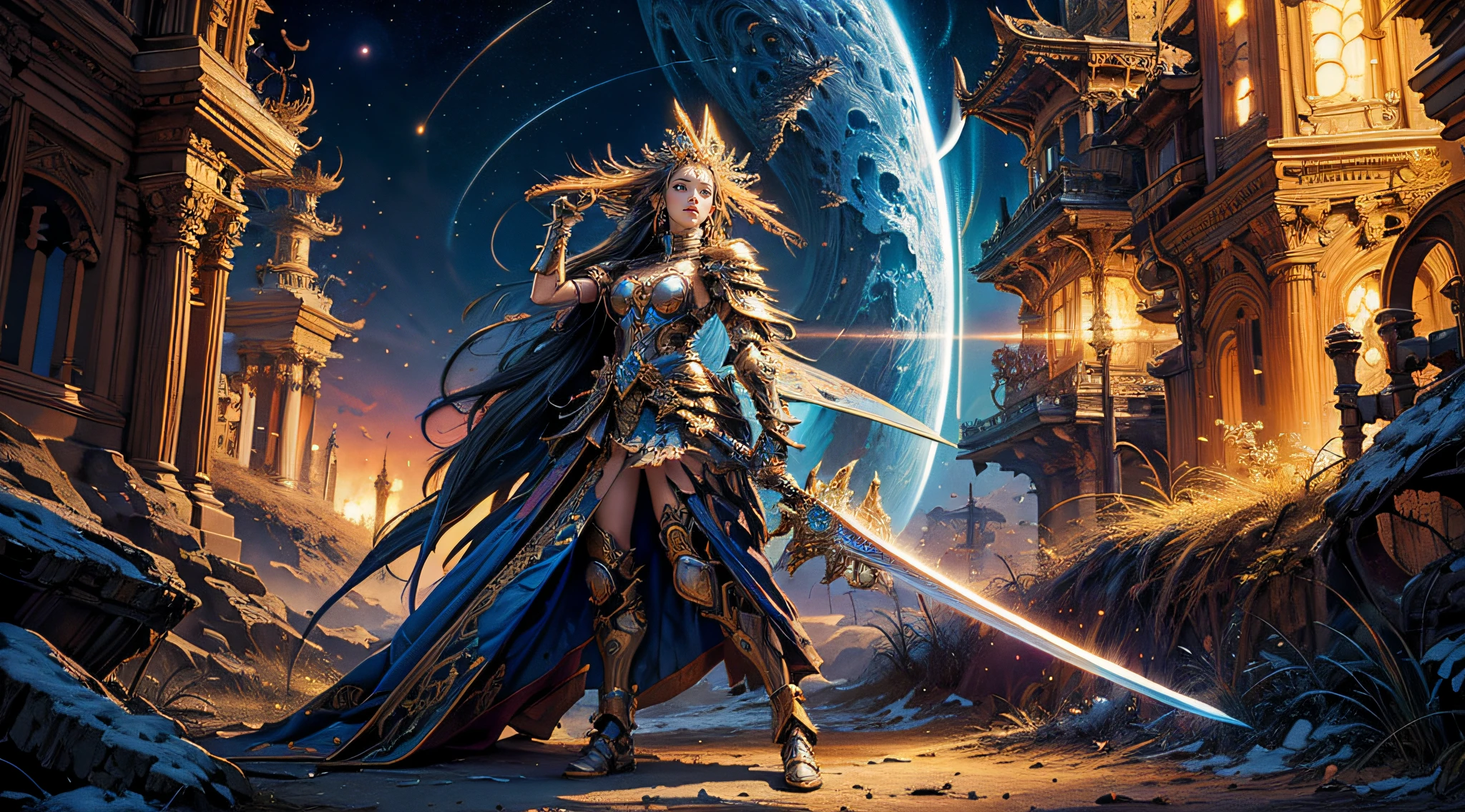 (masterpiece, top quality, best quality, official art, beautiful and aesthetic:1.2), (1girl), extreme detailed,(fractal art:1.3),colorful,highest detailed, fantasy,Ancient armor,wielding a sword,omoide emanon