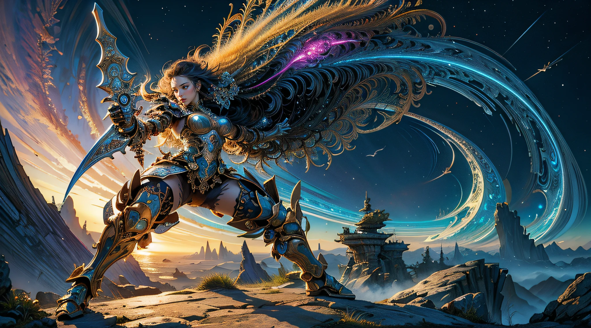 (masterpiece, top quality, best quality, official art, beautiful and aesthetic:1.2), (1girl), extreme detailed,(fractal art:1.3),colorful,highest detailed, fantasy,Ancient armor,wielding a sword,omoide emanon