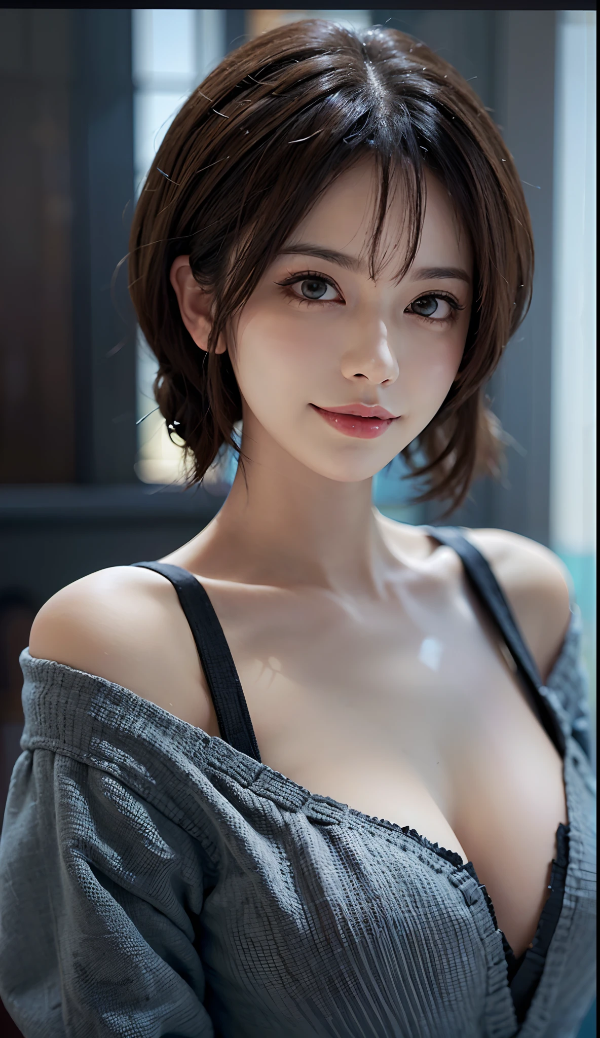 ((Beauty like a fashion model)), ​masterpiece, The highest image quality, ultra-detailliert, (perfectbody:1.2), ((Perfect face+black and shiny hair)), (Bob Hair Wolf Cut),Viewer's Perspective, detailed hairs、Detailed eyes(realisticeyes),profetional lighting,(Brown eyes),(slenderbody:1.2),adult lady,About 28 years old,glamor,kindly smile,Lashes,二重まぶた,((Men&#39;S size Y shirt)),(skin tanned),A sexy,Sexy lips,Beautiful legs,Constriction、((Cute like a Nogizaka46 member)),