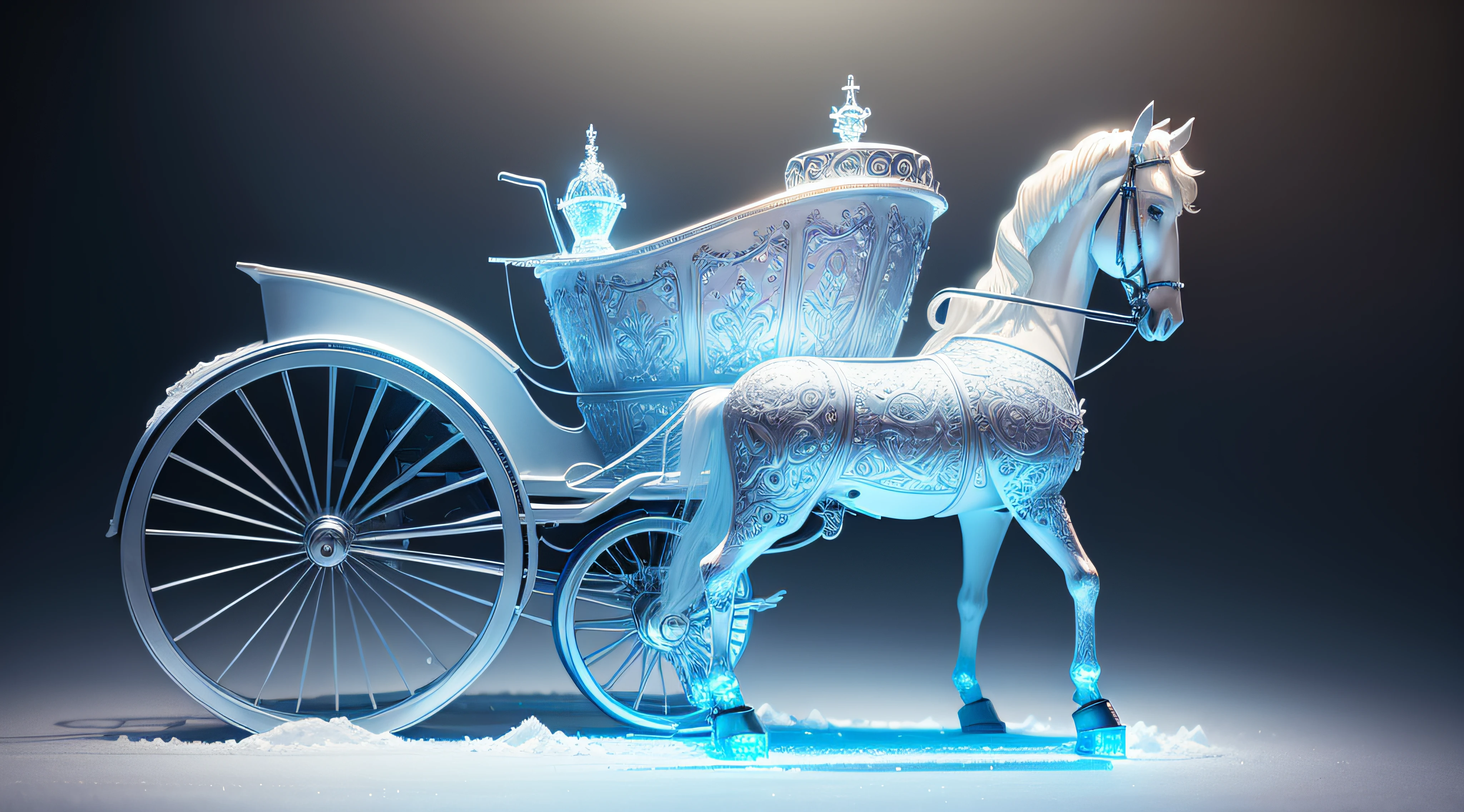 best quality, ultra-detailed, extremely detailed. Ice sculpture: Cinderella carriage, very detailed, carved celtic symbol. HDR, 16K.