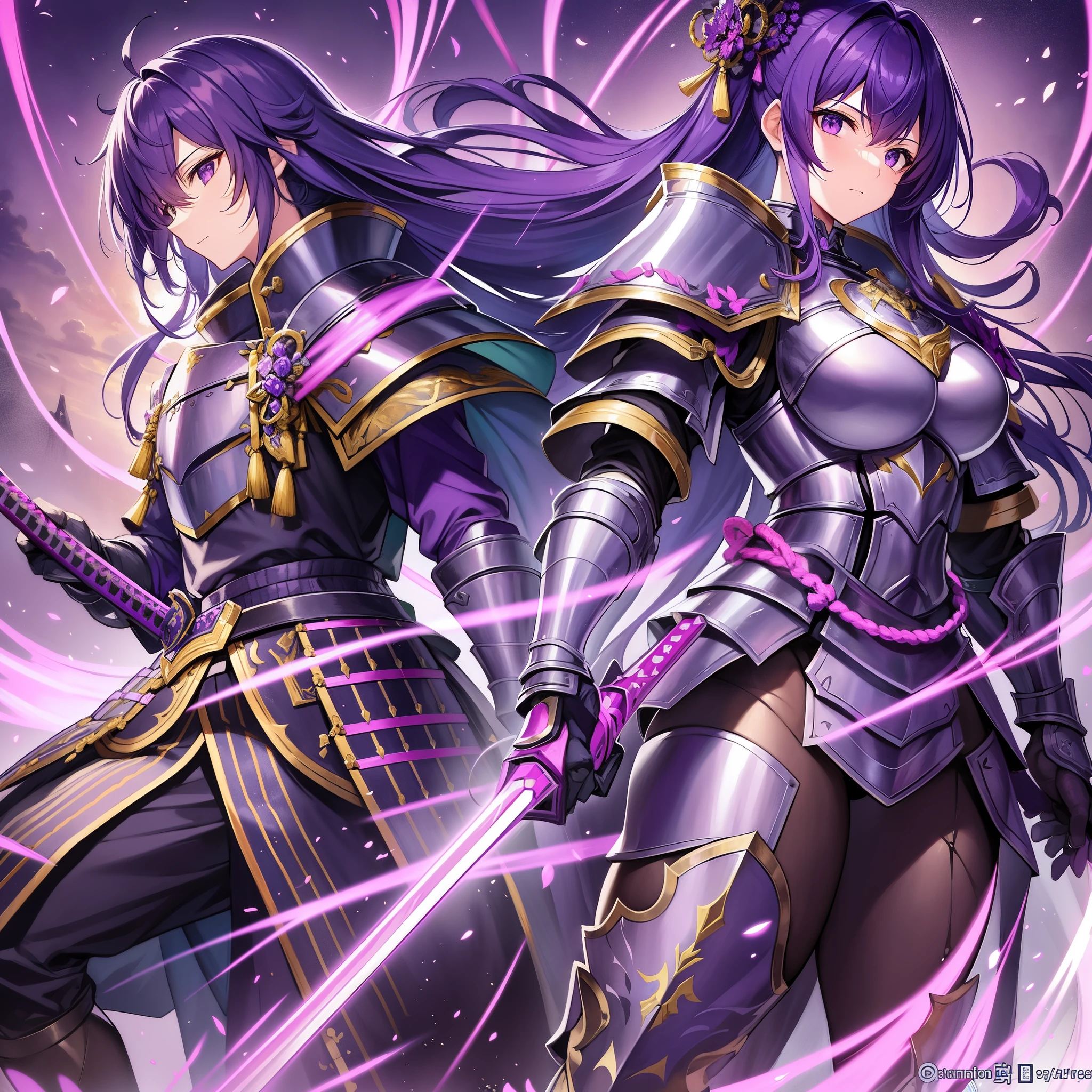 Outrageous resolution、​masterpiece++、top-quality++、ultra-definition++、ultra-definition++、4k++、8k++、from side、（Background Focus）++、+++、Destroying a city On the battlefield, a knight in shining purple full body armor and a samurai in full body armor shining green stand back to back and chant a spell wielding their weapons.、A rune where a knight in full body armor shining purple and a samurai in full body armor shining green swing their weapons back to back on the battlefield.、Magic where a knight in full body armor shining purple and a samurai in full body armor shining green swing their weapons back to back on the battlefield.、A knight in full body armor shining in purple and a samurai in full body armor in shining green stand back to back and wield weapons on the battlefield flying above.、A dragon in which a knight in full body armor shining in purple and a samurai in full body armor in shining green swing their weapons back to back on the battlefield.、On the battlefield, a knight in full body armor shining in purple and a samurai in full body armor shining in green stand back to back and wield weapons.、detailed fantasy art、fantasy art style、Break A monster in a beautiful ancient battlefield where a knight in full body armor shining in purple and a samurai in full body armor in shining green stand back to back and wield weapons.、A huge-breasted monster with a knight in full body armor shining purple and a samurai in full body armor shining green swinging weapons back to back on the battlefield.、Fantasy Art Behans、On a beautiful battlefield, a knight in shining purple full-body armor and a samurai in full-body shining green armor stand back-to-back and wield weapons.、On a beautiful battlefield, a knight in shining purple full-body armor and a samurai in full-body shining green armor stand back to back, the Grim Reaper wielding weapons.、Fragments of a knight in full body armor shining in purple and a samurai in full body armor in shining green swinging weapons back to back on a shiny floating battlefield.、A magic circle in which a knight in full body armor shining purple and a samurai in full body armor shining green swing their weapons back to back on the battlefield.、On a dazzling battlefield, a knight in full body armor shining in purple and a samurai in full body armor shining in green sparks as they swing their weapons back to back.、A chain of a knight in full body armor shining purple and a samurai in full body armor shining green wielding weapons back to back on the battlefield.、On the battlefield, a knight in full-body armor shining in purple and a samurai in full-body armor in shining green swing their weapons back to back, their hair blowing in the wind.、Blake Isekai Beautiful、A knight in full body armor shining in purple and a samurai in full body armor in shining green swing their weapons back to back on the battlefield.、Detailed clothing、Mischievous aura、Bewitching face、tall body、Mature body、seductive body、爆乳、detailed beautiful faces、detailed shiny eyes、Detailed skin、Full body break、detaileds、realisitic、4K highly detailed digital art、octan render、bio luminescent、BREAK8K resolution concept art、真实感、Mappa Studio、​masterpiece、top-quality、Official Art、illustratio、Ligne Claire、(cool_color)、perfect-composition、absurderes、Fantasia、Focused、thirds rule