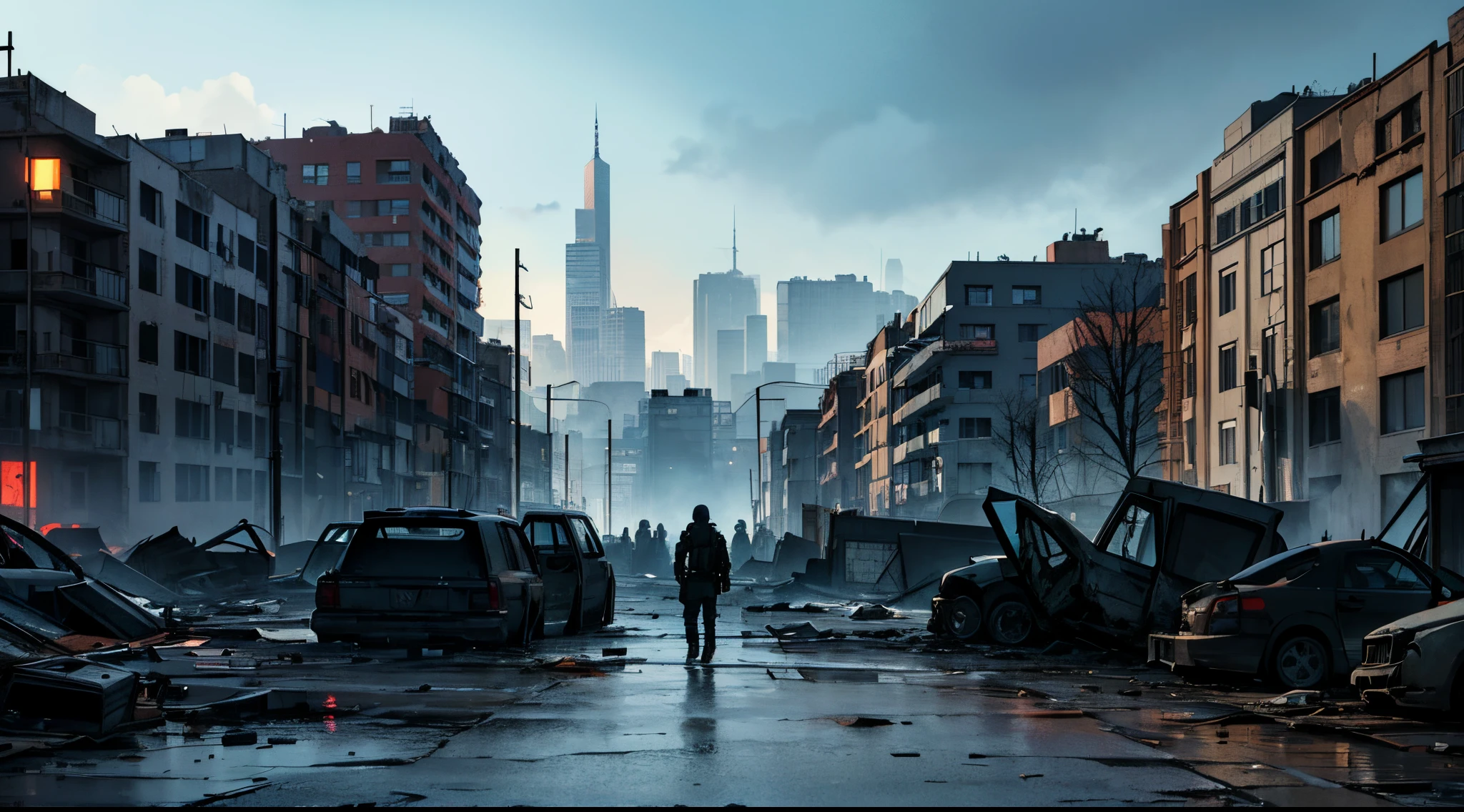 masterpiece,zombie apocalypse,empty,desolated American town,New York,town,survivors camp city park zone,defending positions,camera angle,survivors patrolling territory,(best quality,4k,8k,highres,masterpiece:1.2),ultra-detailed,(realistic,photorealistic,photo-realistic:1.37),HDR,UHD,studio lighting,ultra-fine painting,sharp focus,physically-based rendering,extreme detail description,professional,vivid colors,bokeh,portraits,landscape,horror,anime,sci-fi,photography,concept artists,vibrant colors,grim and gritty color palette,nighttime,sharp contrasts,bright highlights,dramatic lighting,ominous atmosphere,dynamic composition,wide-angle perspective,overhead view,post-apocalyptic environment,dilapidated buildings,crumbled infrastructure,overgrown foliage,streets devoid of life,remnants of shattered vehicles,scattered belongings,survivors taking cover,barriers and barricades,sandbags and makeshift defenses,smoke rising from burning rubble,human figures silhouetted against the ruins,armed survivors in protective gear,worn-out clothing and equipment,determined expressions on their faces,survivors patrolling the territory,weapons at the ready,cautious and alert,stress and tension in the air,striking contrast between destruction and resilience,depiction of a once-thriving city now turned into a battlefield,apocalyptic atmosphere with a glimmer of hope in the survivors' actions.