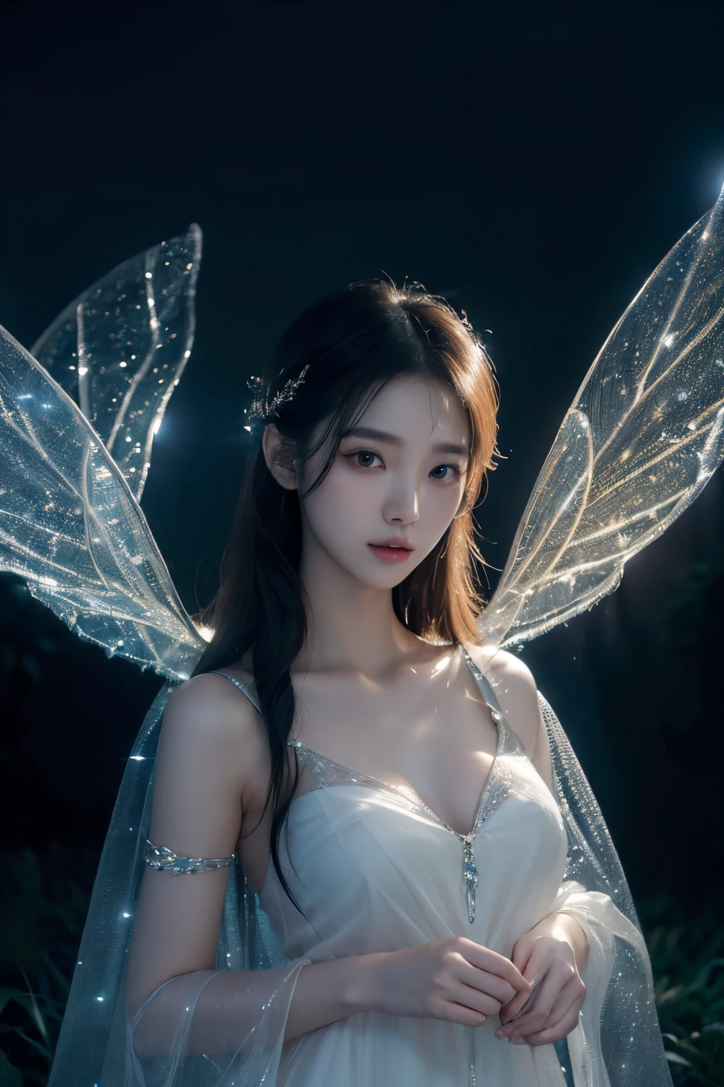 (8K、Live shooting、realistic:1.25)、1 girl、Tinkerbell looks like a 14 year old girl with a beautiful face、on top of an old castle、The moon is out、(fly in the sky)、blonde、Aori Shot、fairy wings are transparent、smile、whole body、luminous bikini swimsuit、lip gloss、Glossy skin、highest quality、ultra high resolution、