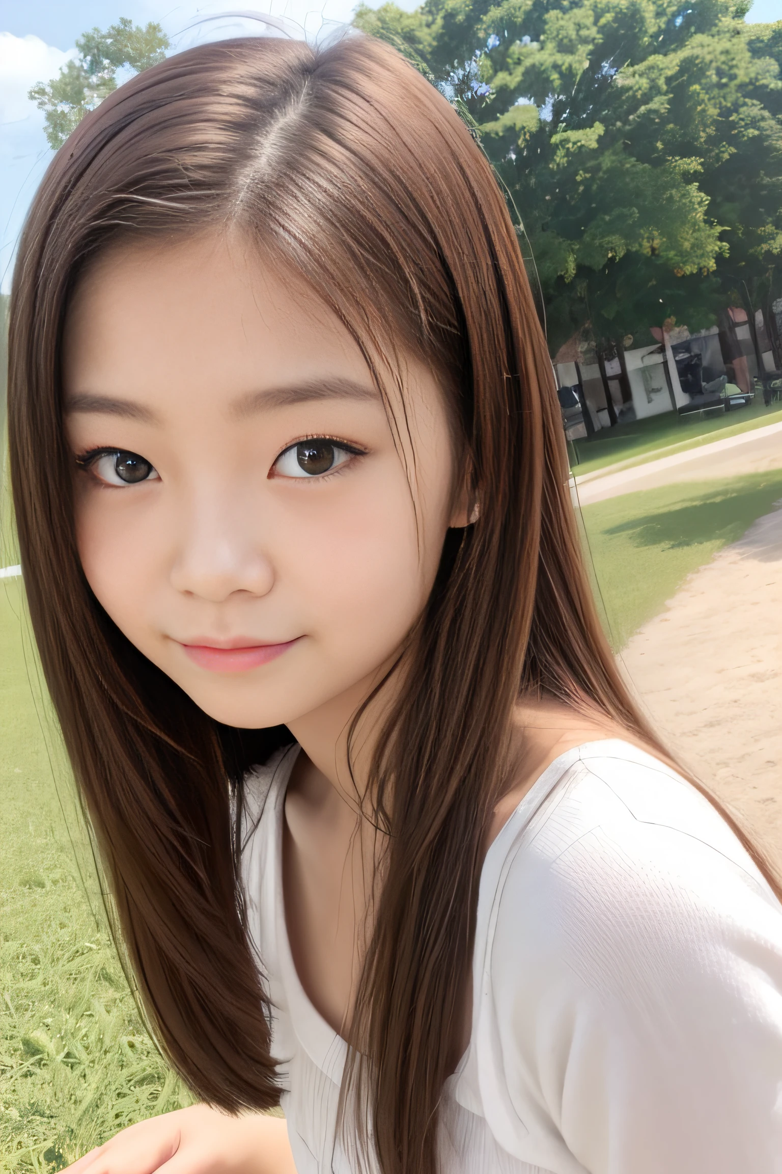 ((highest quality, 8K, masterpiece:1.3)), concentrated:1.2, perfect body beauty:1.4, buttocks:1.2, ((delicate hair)), (Colorful Solid Cold Shoulder Oversized Sweater、 :1.1) , ((highest quality、8K、masterpiece:1.3))、1 girl、A sloppy smile、Full body Esbian、slim face、big 、Beautiful woman、(dark brown hair)、、1.1、flickering valley、detailed eyes、double eyelid、blurred background、超slim face、look down、garden、