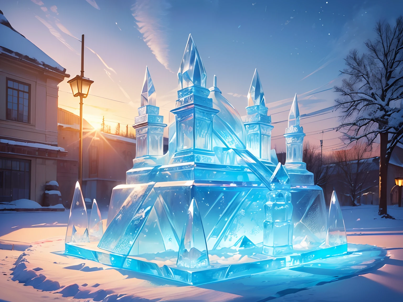 (masterpiece, best quality, hires, ultra-detailed, realistic, 8k:1.3), ([ice sculpture:castle:0.8]:1.2), outdoor, snow, winter