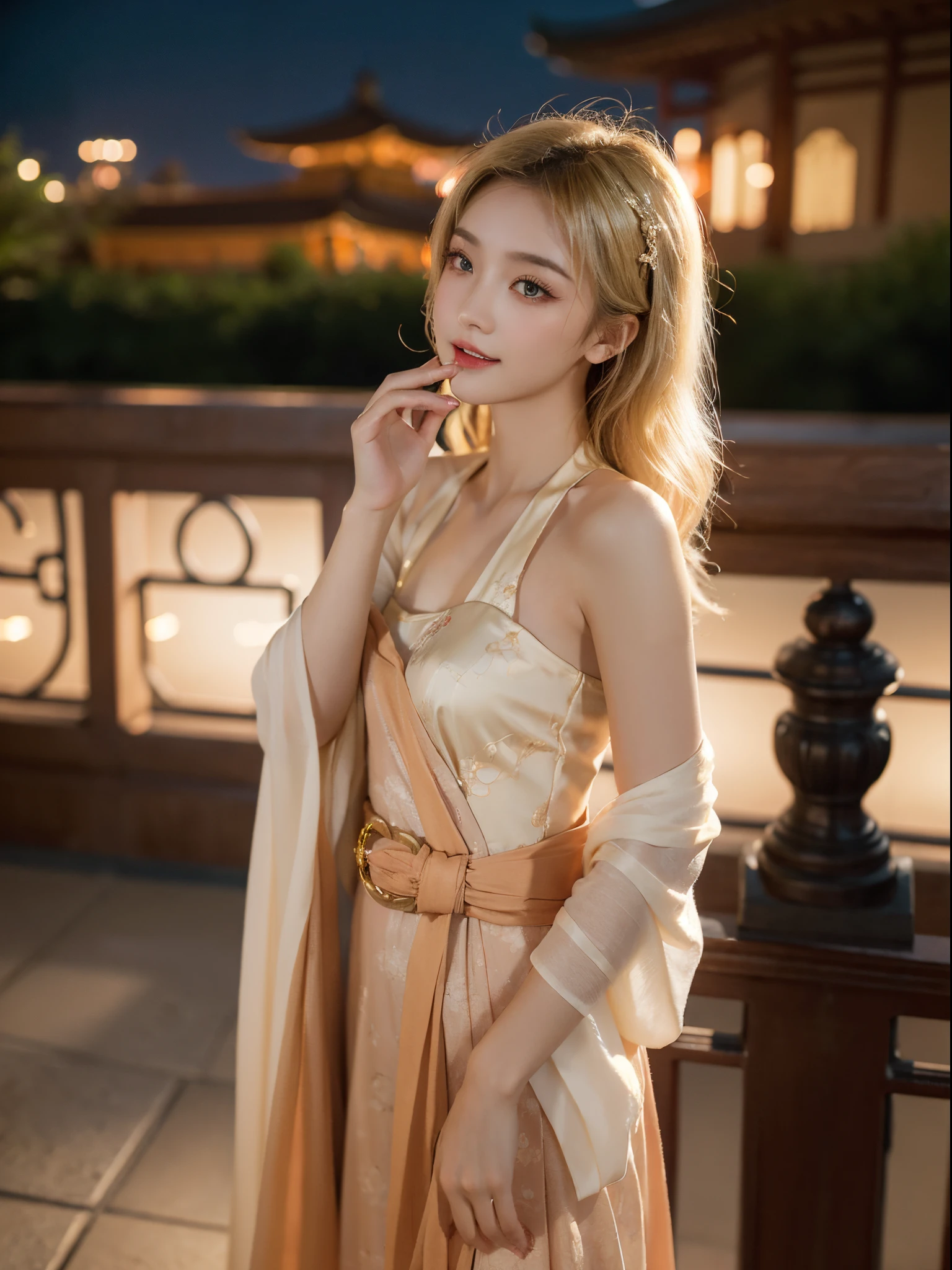 ((upper body)), Shot from a random perspective, ancient chinese beauti, On the stone tower, Leaning against the railing, posed for photo, ellegance, dignified, slim, Slimming the waist, curlies, period costume, Hanfu, Tang suit, cropped shoulders, China-style, Floral, Pattern, high-waist, Nice belt, golden hair, warm lights, Warm tones Slender legs, Cross ed leg, the night, rays of moonlight, warm lights, a warm color palette, Dynamic pose, posing elegantly, blonde hair, streaked hair, hair ornament, heart-shaped pupils, makeup, light smile, shy, licking lips, Romanticism, Social realism, chiaroscuro, motion blur, anaglyph, Sony FE GM, UHD, masterpiece, textured skin, super detail, best quality