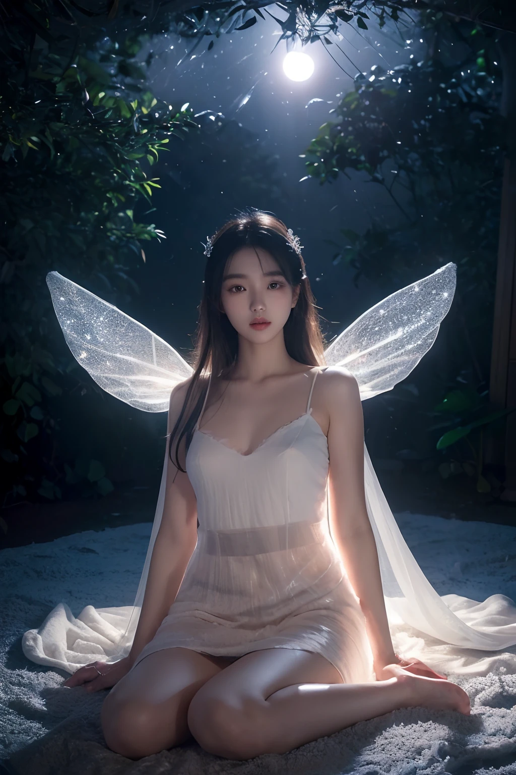((dim light, soft lighting, night scene):1.6),
Best Quality, Masterpiece, Illustration, (Realistic, Photorealistic: 1.37), Stunning, Fine Detail, Incredibly Ridiculous, Huge File Size, Super Detailed, High Resolution, Extremely detailed CG uniform 8k wallpaper, ray tracing, nsfw, 1girl, full body, glamor portrait of a slim petite young Korean woman who has some floating transparent glittery veil covering certain parts of her body. She has transparent glowing fairy wings on her back, ((((facing viewer)))), outdoors:1.3,