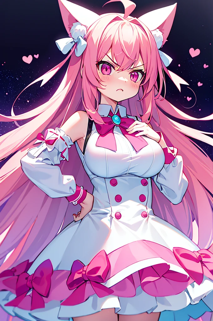 tmasterpiece,Best quality at best, white backgrounid, (10:1个Giant Breast Girl), (10:One guy), Very long hair, White and pink hair , love decoration, A pair of white and pink cat ears ,Break multiple cyan and pink bows , Cyan eyes , Looking directly at , love heart ,break pink tie , white clothes , Angry