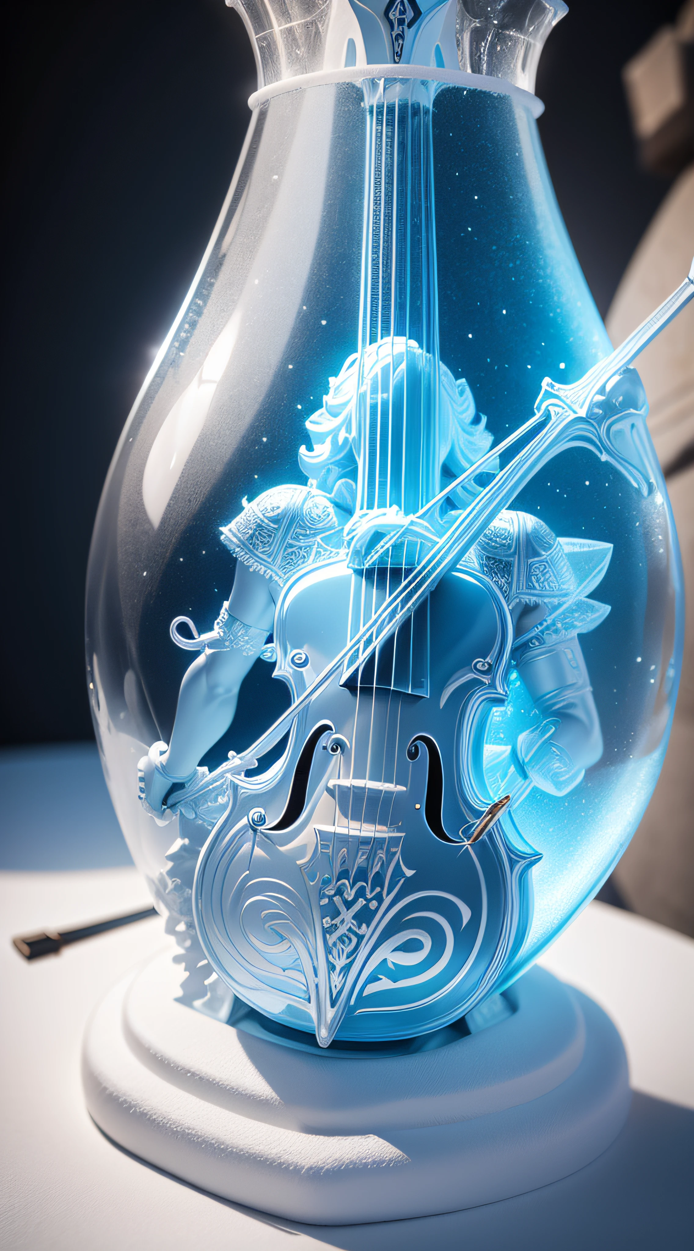 best quality, ultra-detailed, extremely detailed. ice sculpture: An ice violin. HDR, 16K.