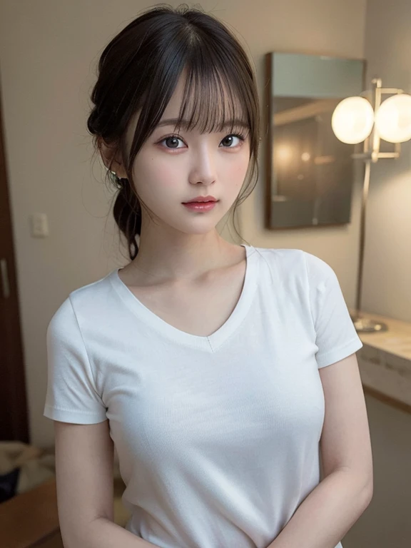 portrait of a japanese ,(Best Quality,4K,8K,hight resolution,masutepiece:1.2),Ultra-detailed,(Realistic,Photorealistic,Photorealsitic:1.37),cute-style,Dribbling High Detail 8K,Studio Lighting - V 6, White T-shirt with transparent black underwear,Random Faces, Random curly hair, bangss, bare-legged