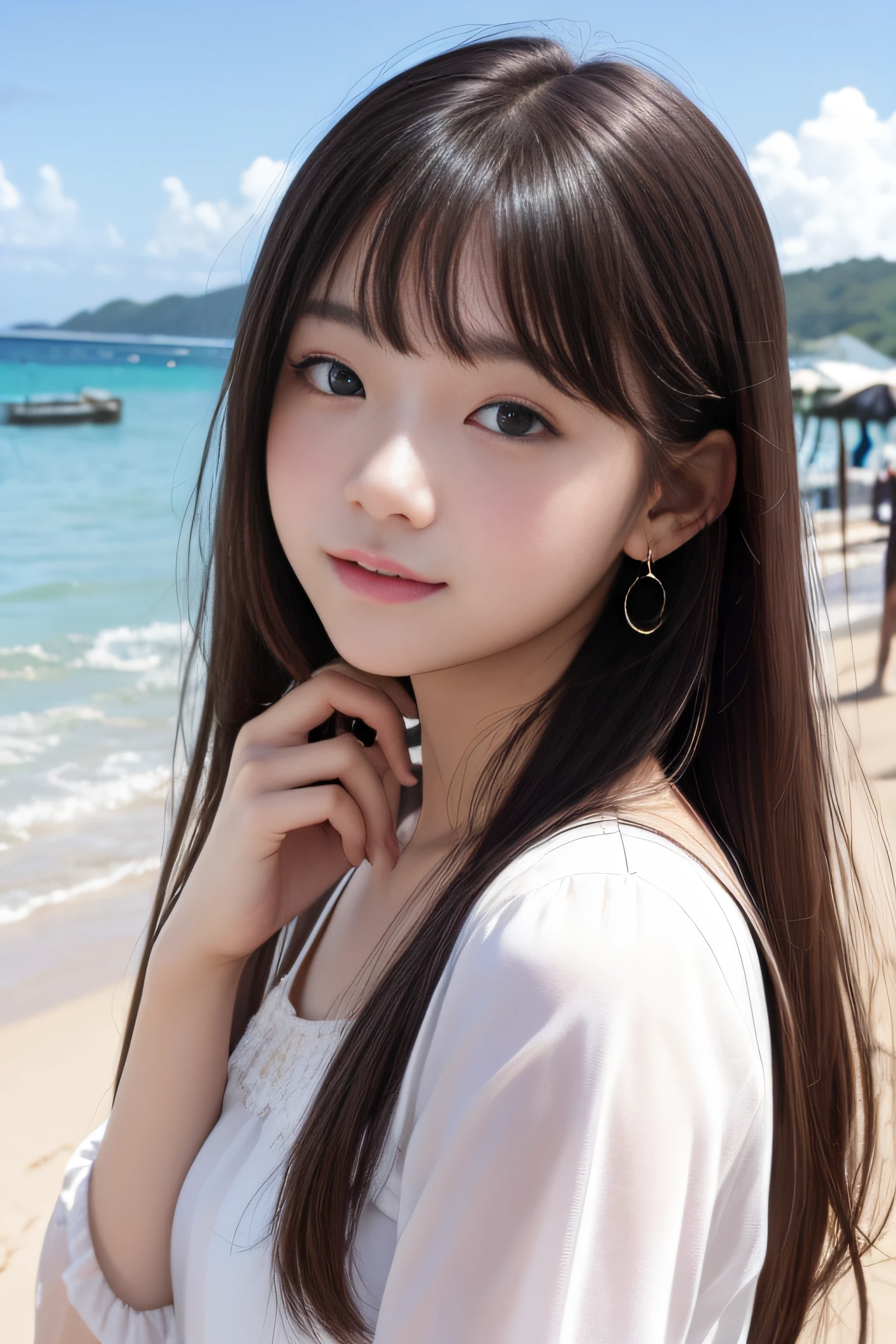 bright expression、the beach、Young shiny shiny white shiny skin、Best Looks、shiny light hair、a small face、cute 18yo girl