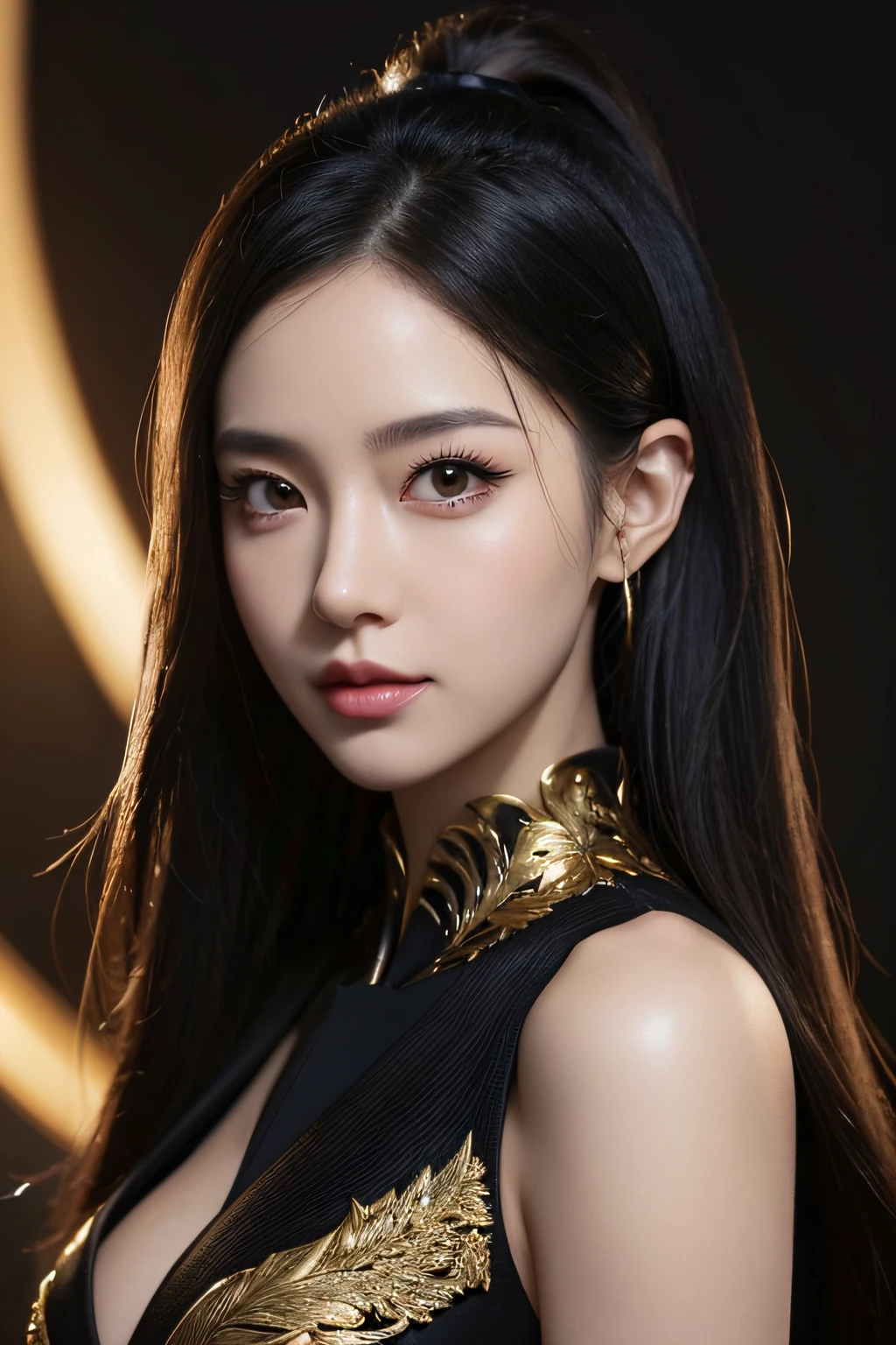 A woman with long black hair wearing a gold dress - SeaArt AI