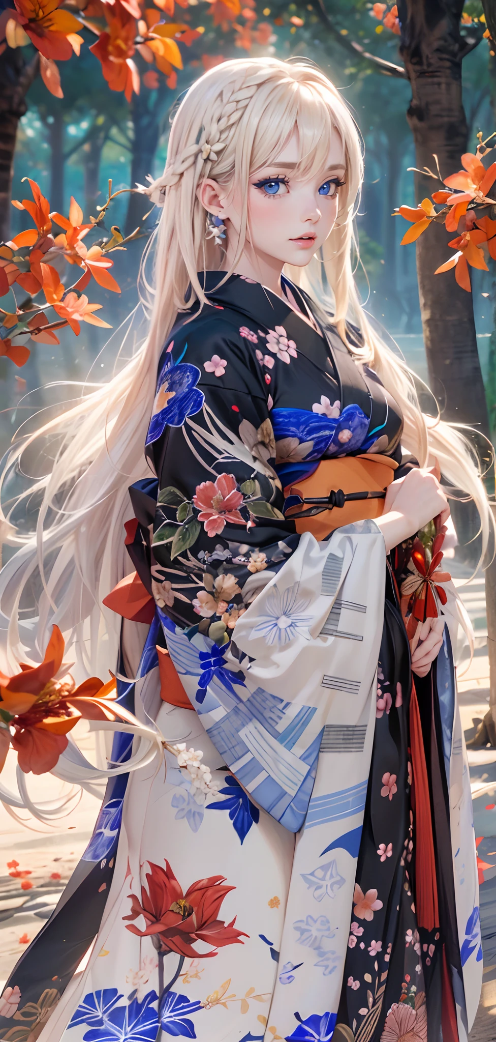 (masterpiece),(top-quality:1.2),(独奏:1.5),(masuter piece:1.3),Highest quality 8K resolution,Vibrant colors, Soft tones, (Black floral kimono:1.4),(Giant sacred tree:1.3),(A lot of small bright red manjushana flowers are blooming on the ground..:1.4), shrines,Blushing、(short twin-tailed blonde hair:1.3),(Hair parted in the middle:1.3),(Glowing hair),(Cobalt blue eyes:1.3),White skin,hair adornments,