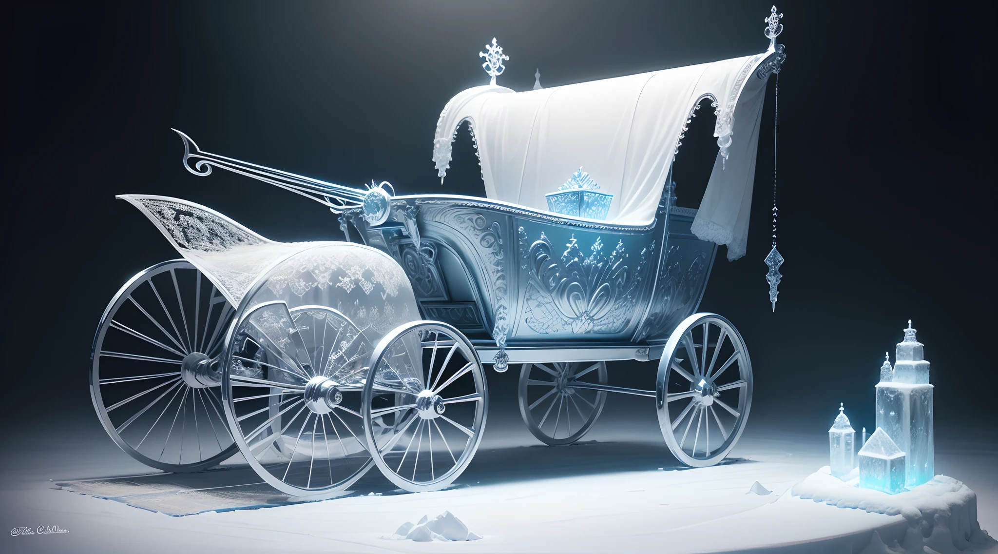 best quality, ultra-detailed, extremely detailed. Ice sculpture: Cinderella carriage, very detailed, carved celtic symbol. HDR, 16K.